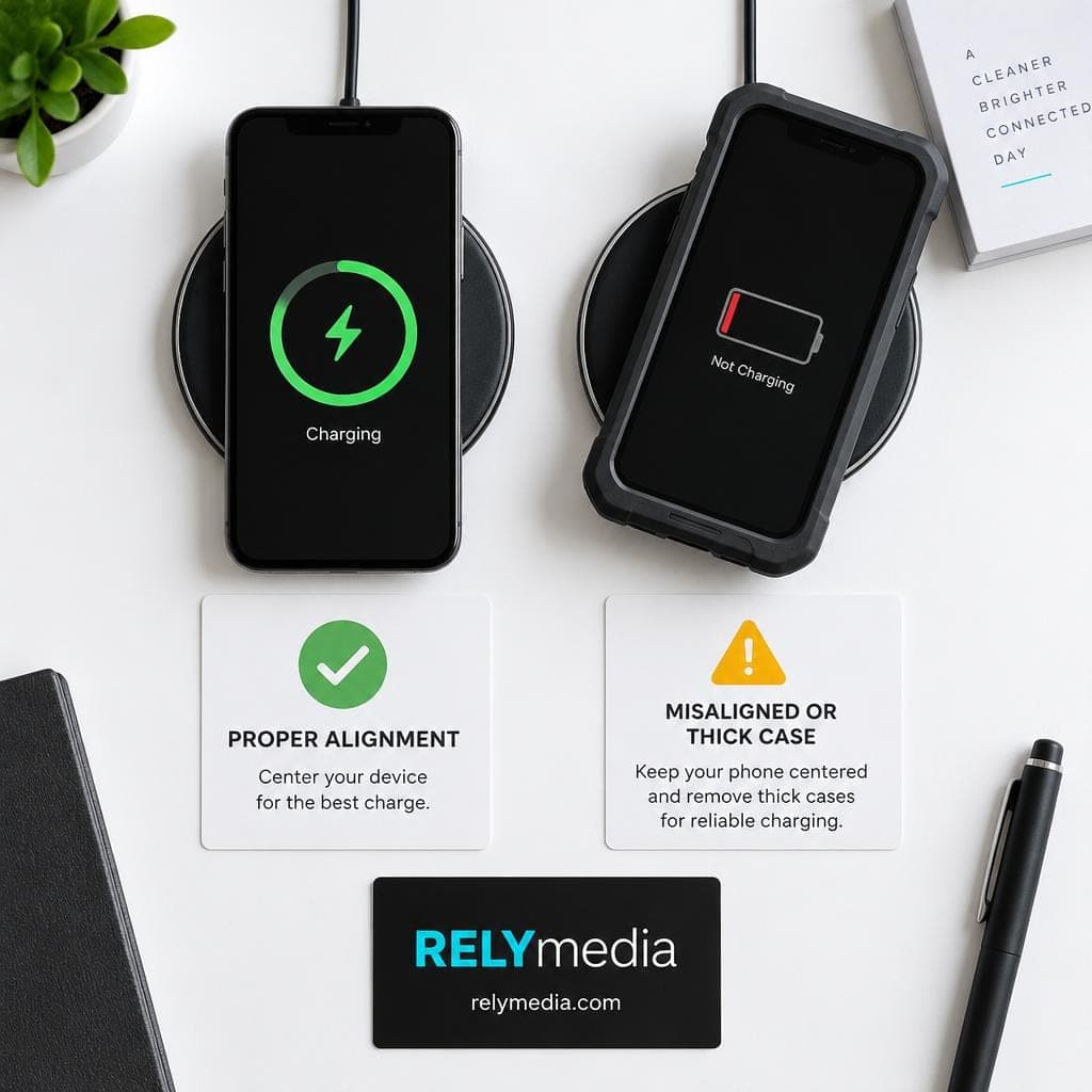 Phone centered on a wireless charging pad, seen from above