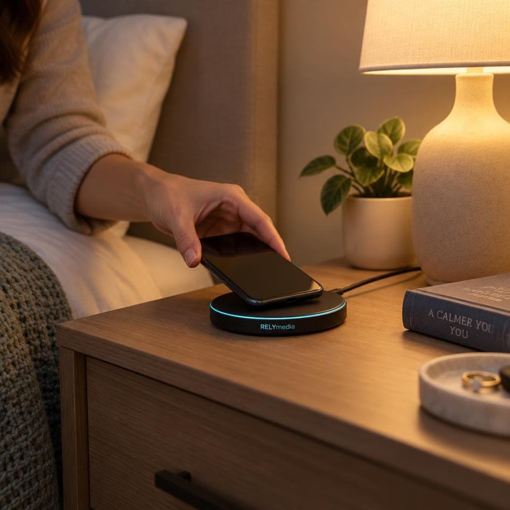 Phone charging on a wireless pad on a bedside table