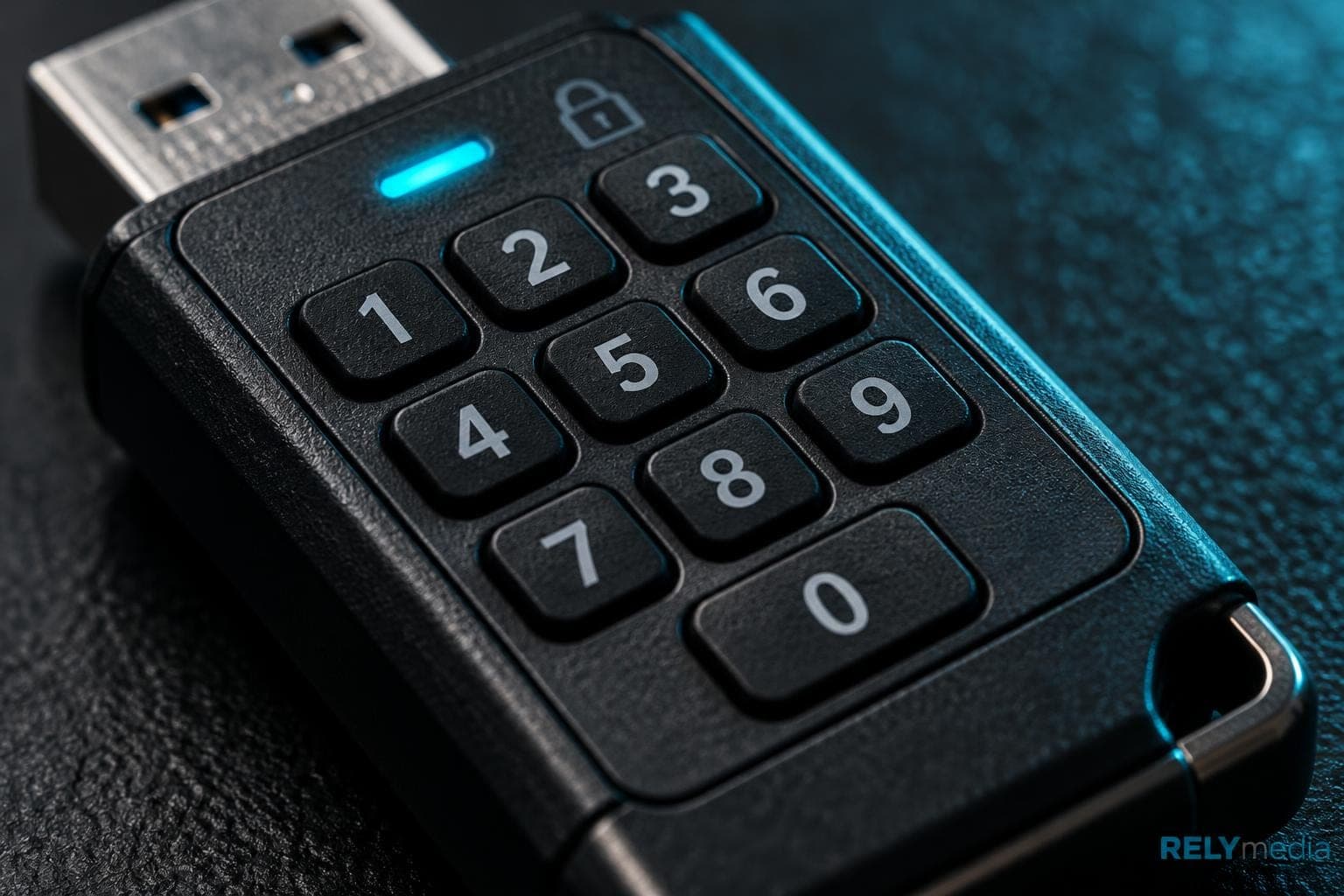 Close-up of a keypad on an encrypted USB drive