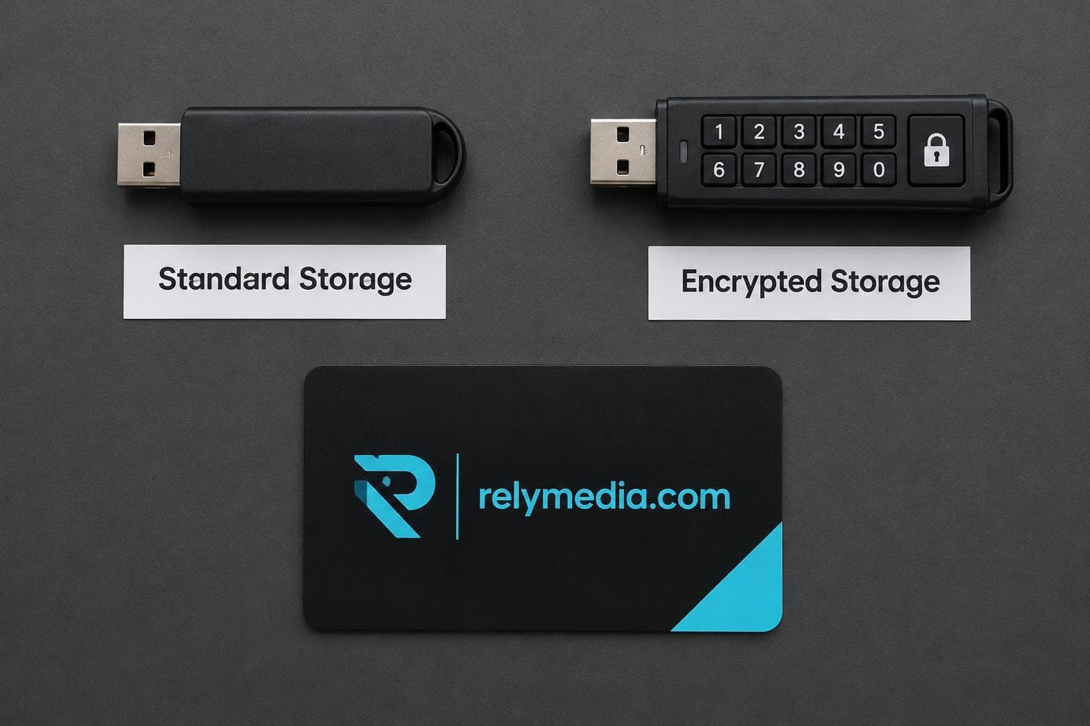 Standard and encrypted USB drives laid out side by side