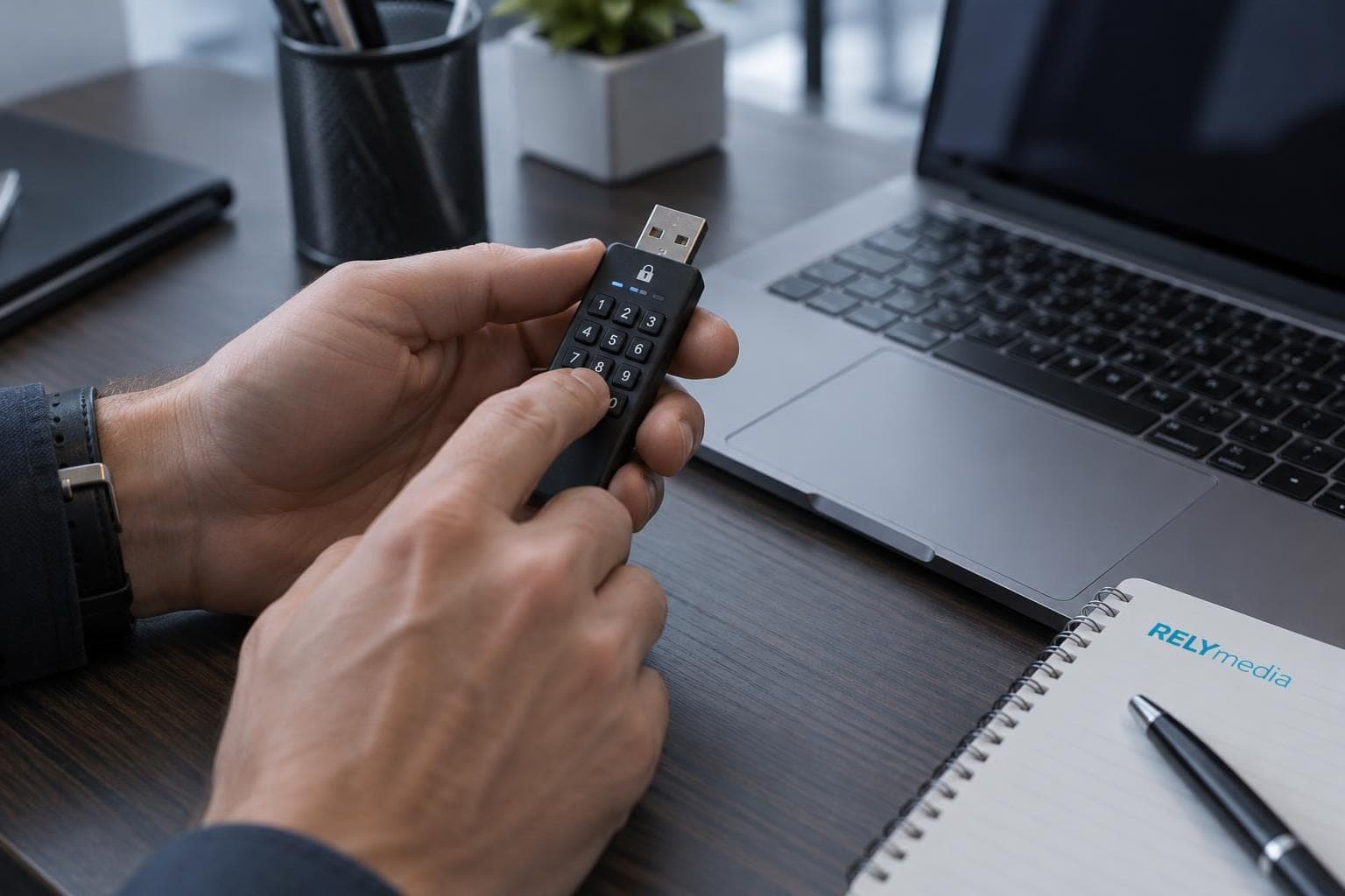Person entering a code on an encrypted USB drive