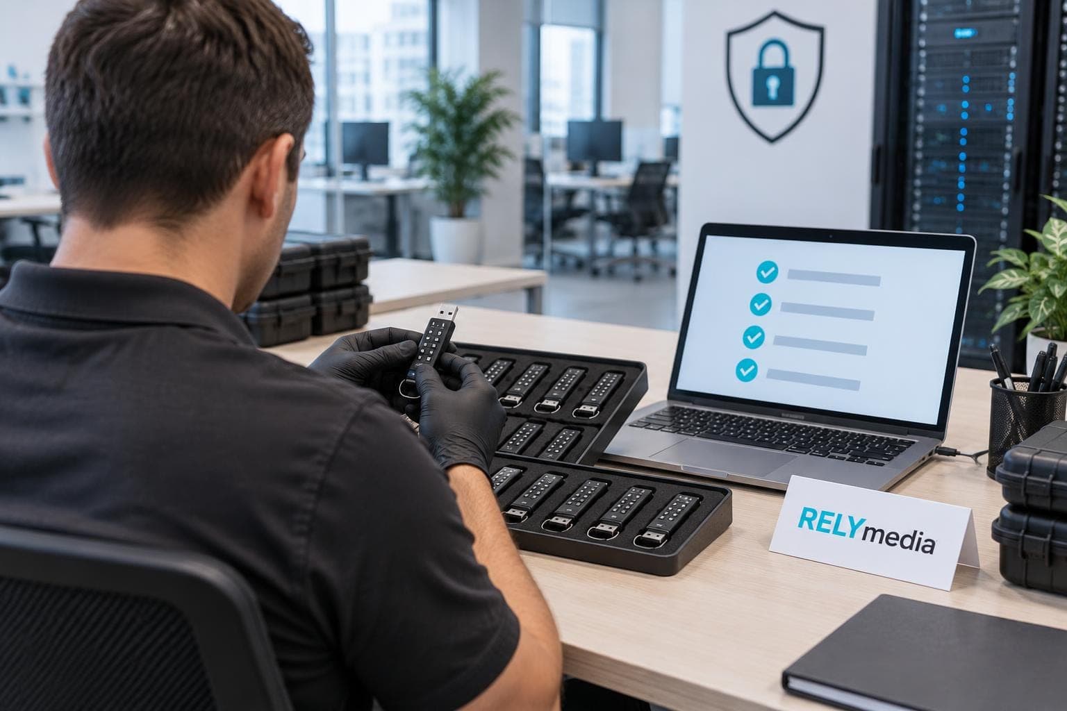 Team working with secure drives in an office