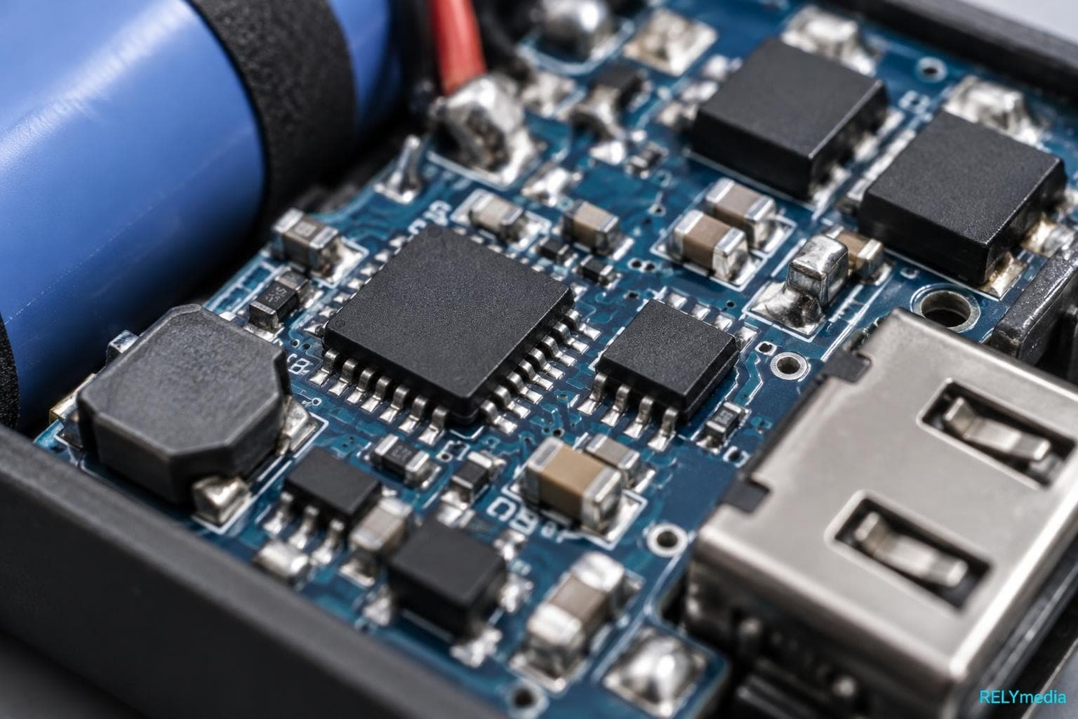 Close-up of a power bank circuit board