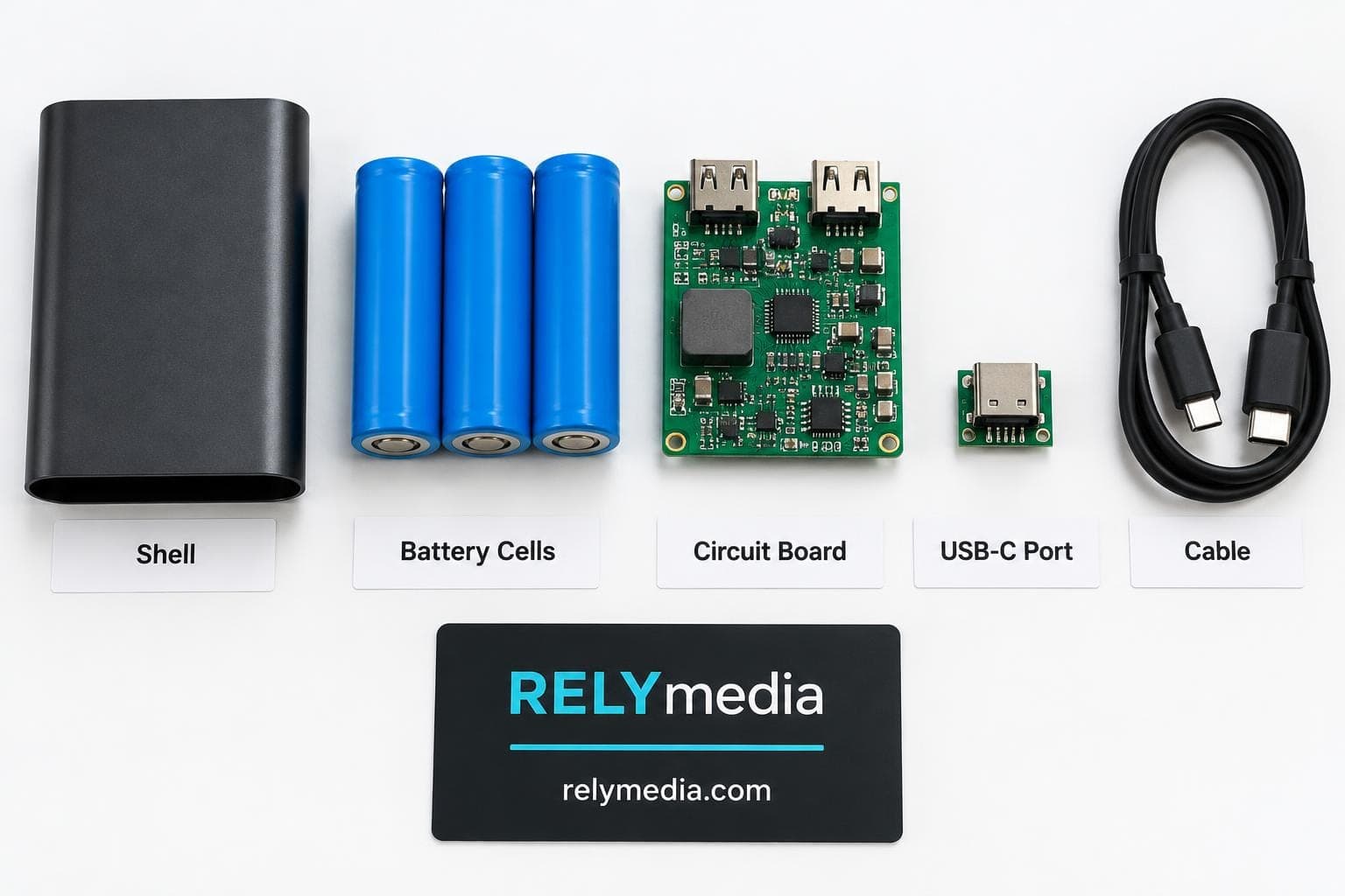 Flat lay of power bank parts, cells and cables