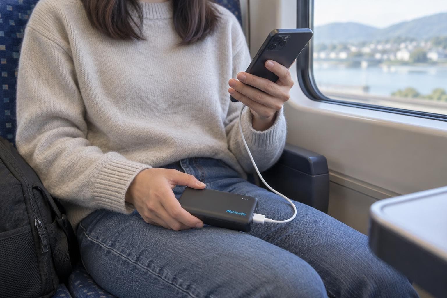 Commuter on a train charging a phone from a power bank