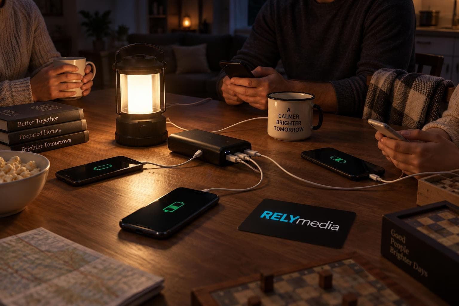 Phone charging from a power bank on a table during a power outage