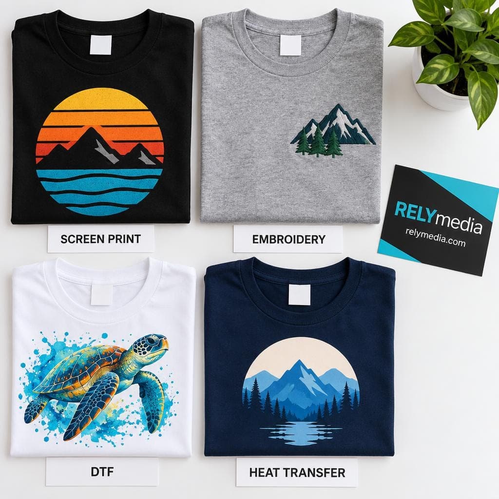 Flat lay of custom t-shirt decoration methods