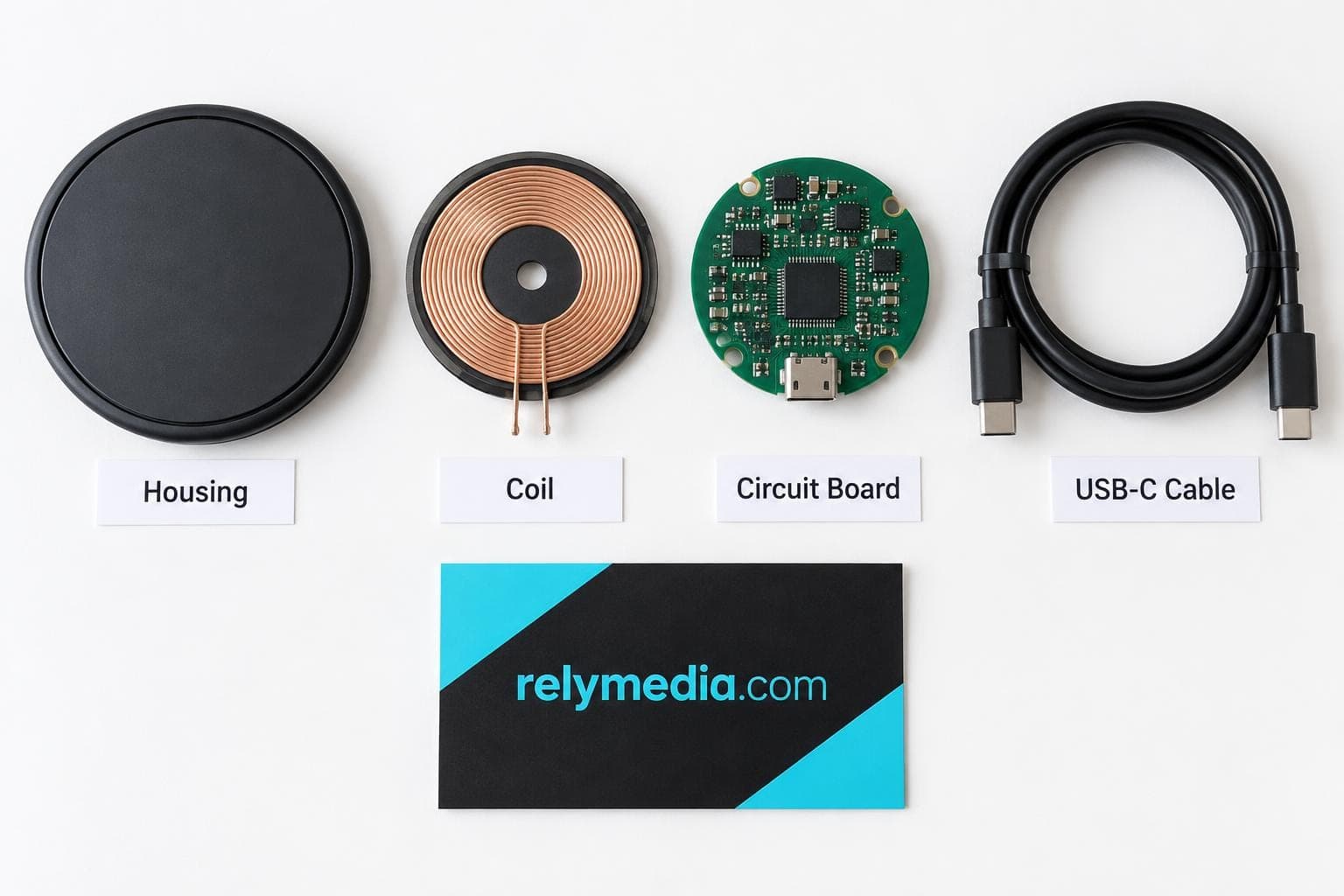 Wireless charger components laid out flat on a table