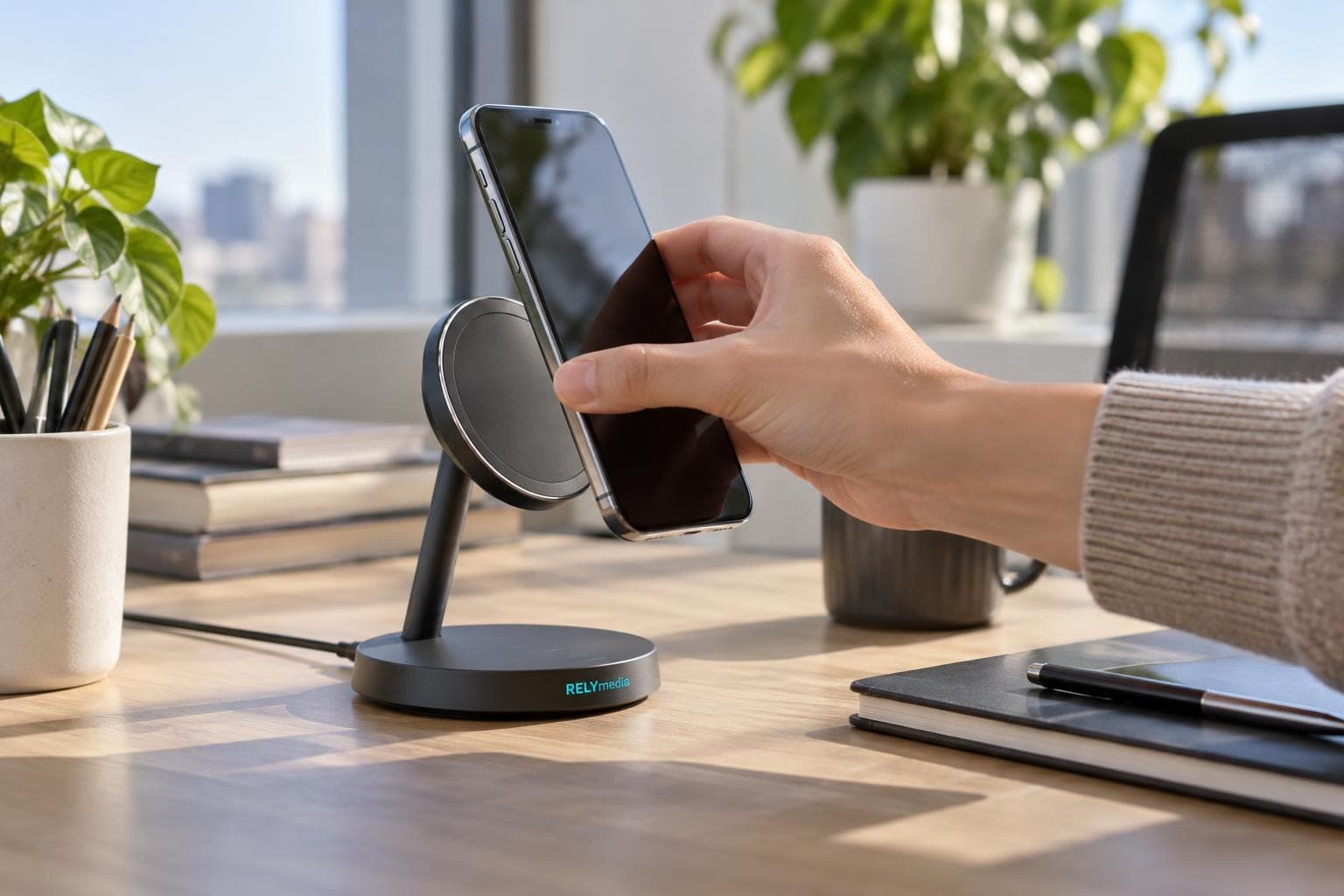 Phone charging on a magnetic wireless stand on a desk