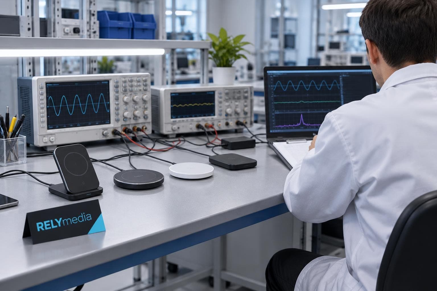 Technician testing a wireless charger in a lab