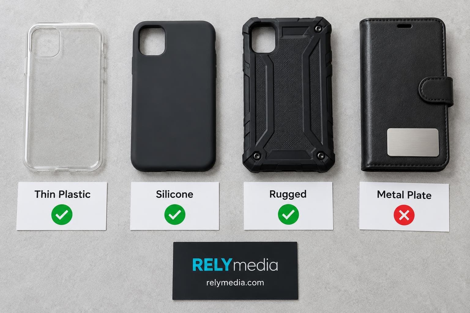 Plastic, silicone, rugged and metal-plate phone cases side by side