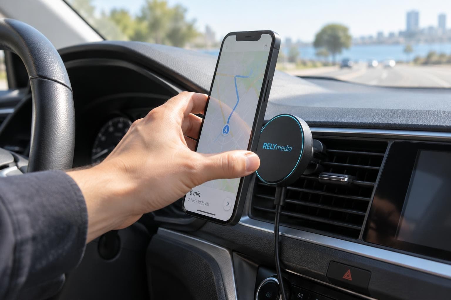 Driver placing a phone on a magnetic car vent charger