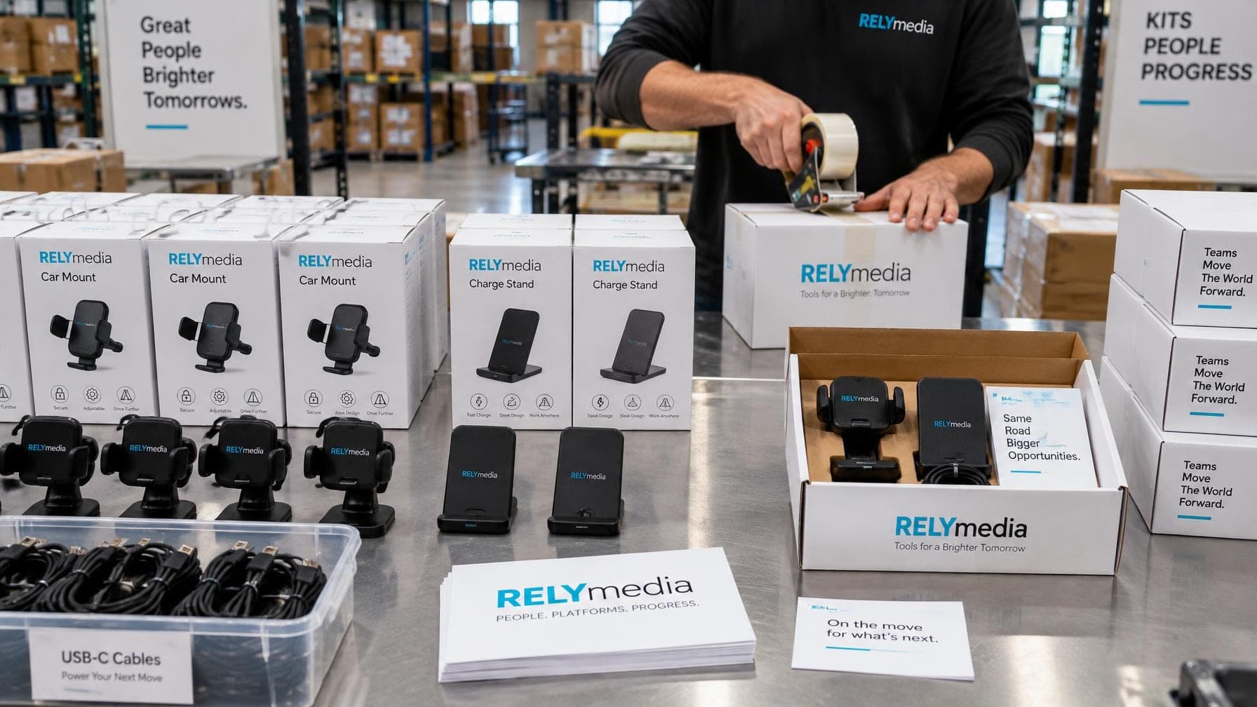 Worker packing car mounts and charging stands into kits