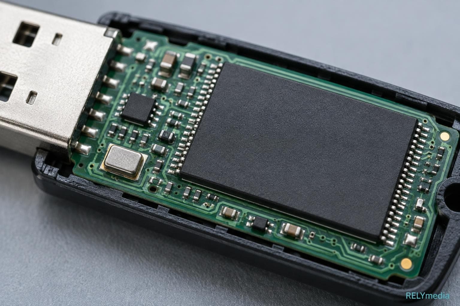 Close-up of a flash memory chip inside a USB drive