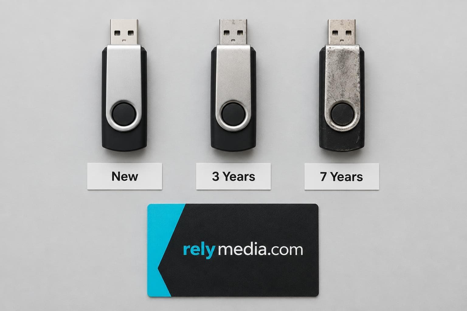 New and worn USB flash drives laid out side by side