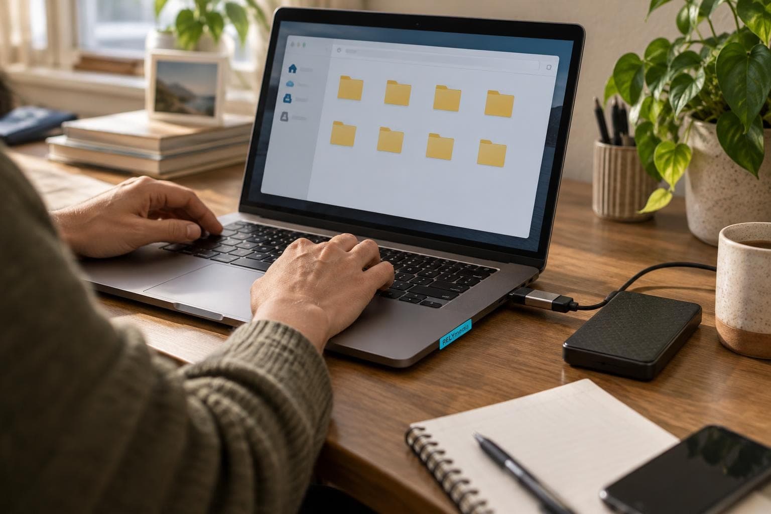 Person checking files on a USB drive at a laptop