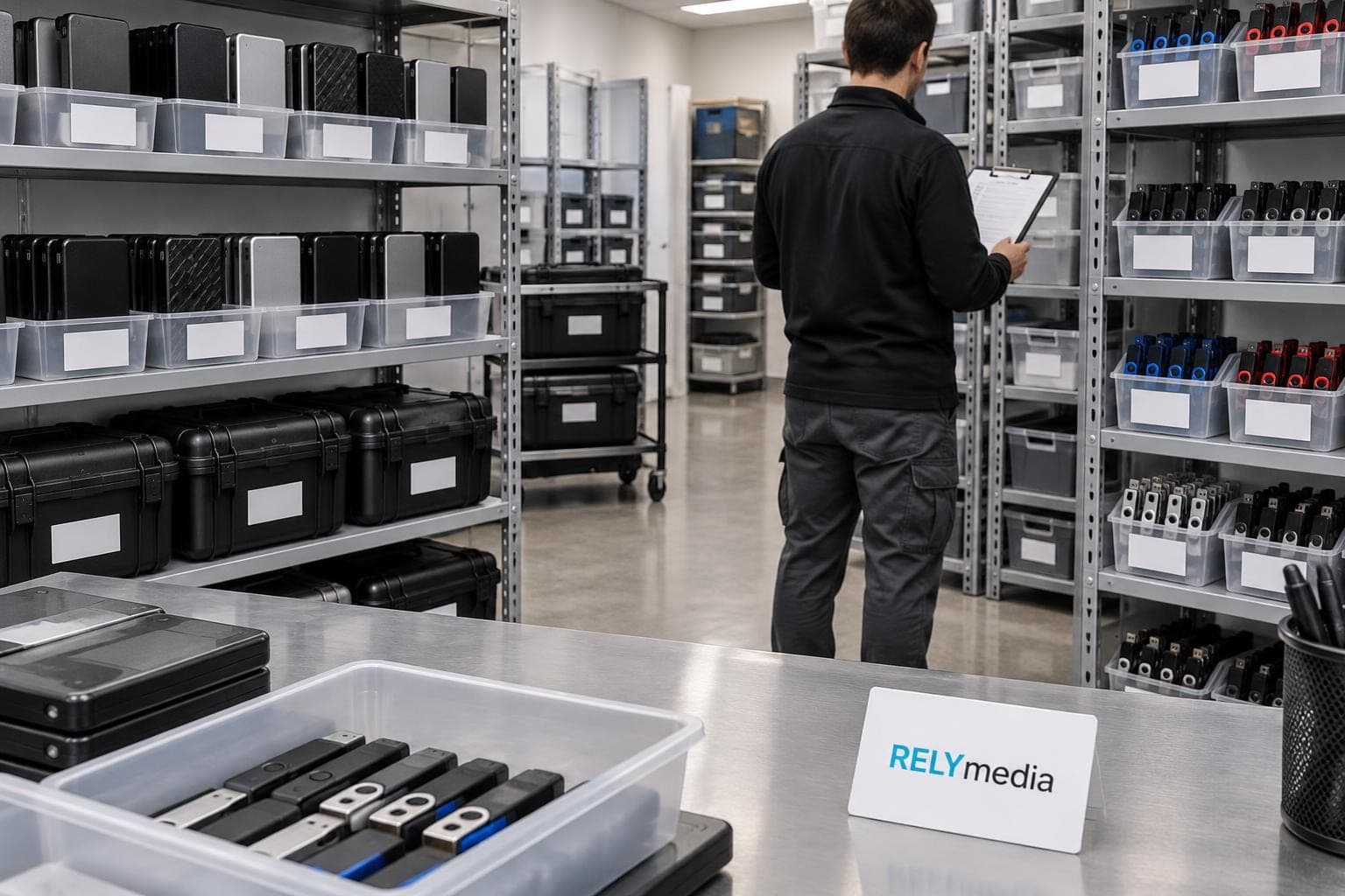 Archive room with shelves of stored media and files