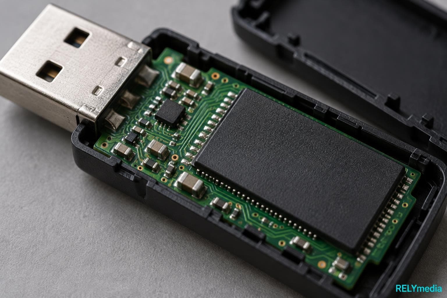 Close-up of an open flash drive casing and circuit board