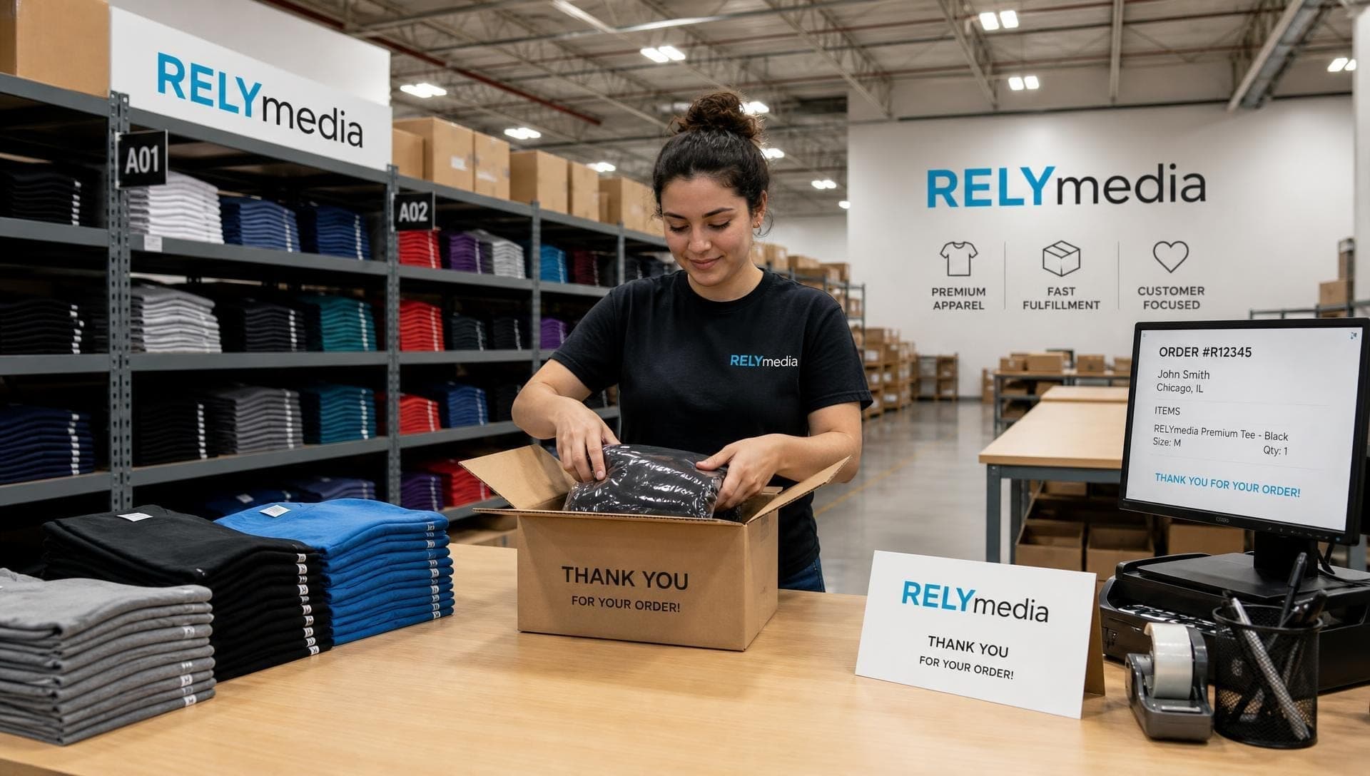 Custom T-shirt fulfillment center processing orders