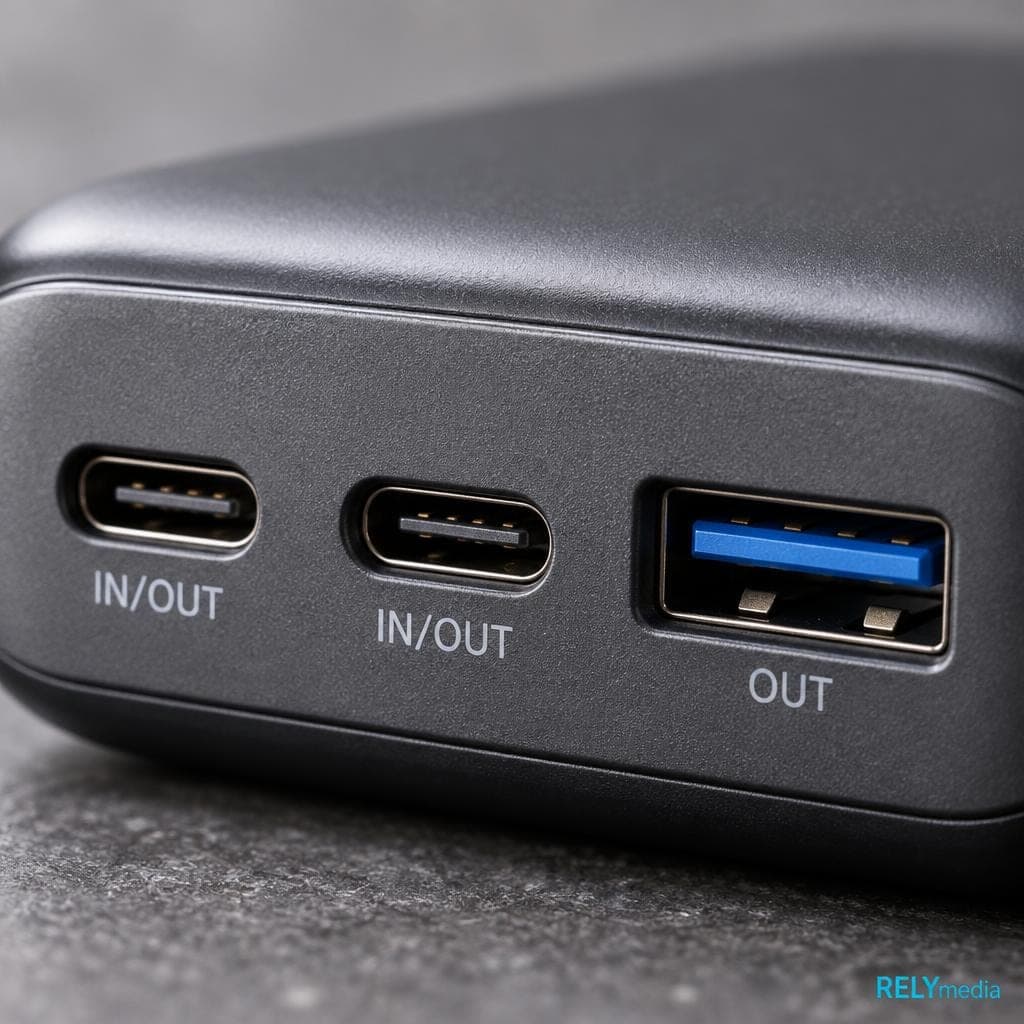 Close-up of the labeled ports on a power bank