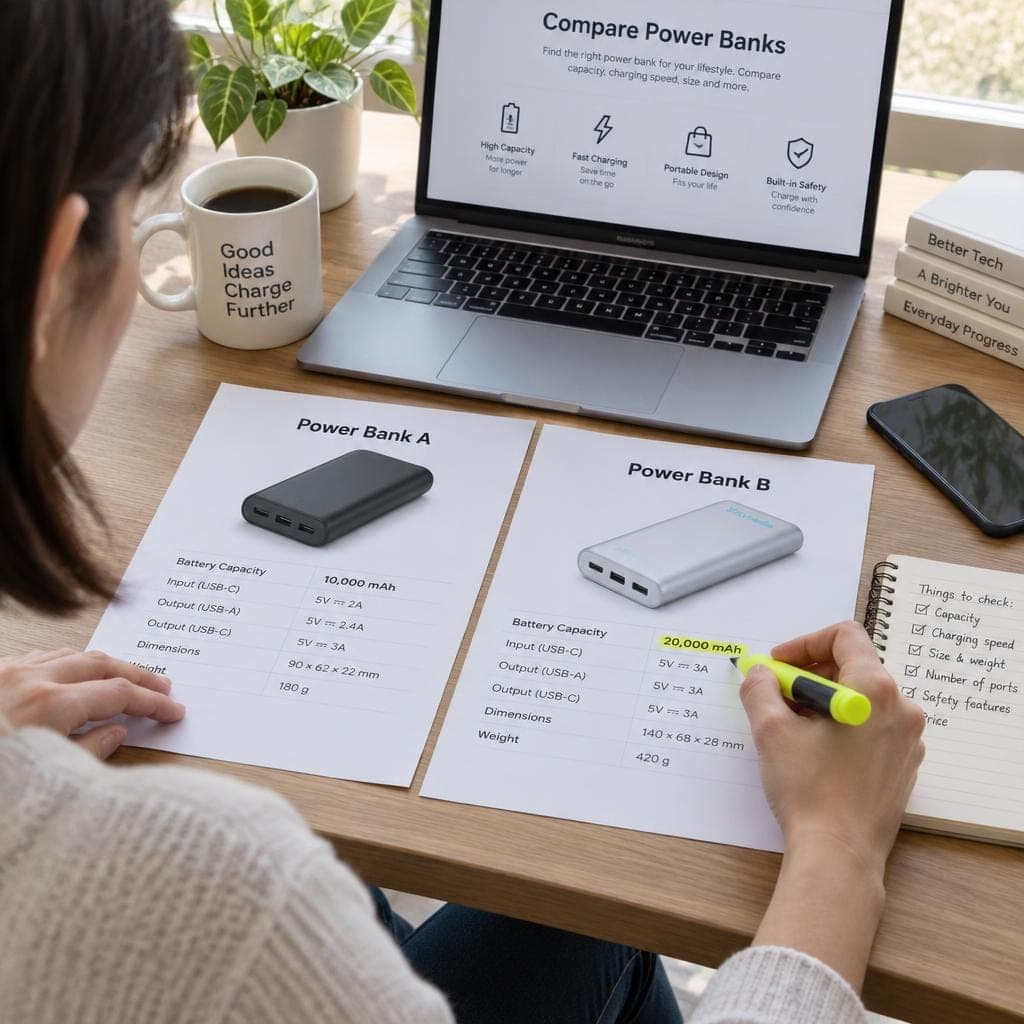 Person comparing power bank spec sheets
