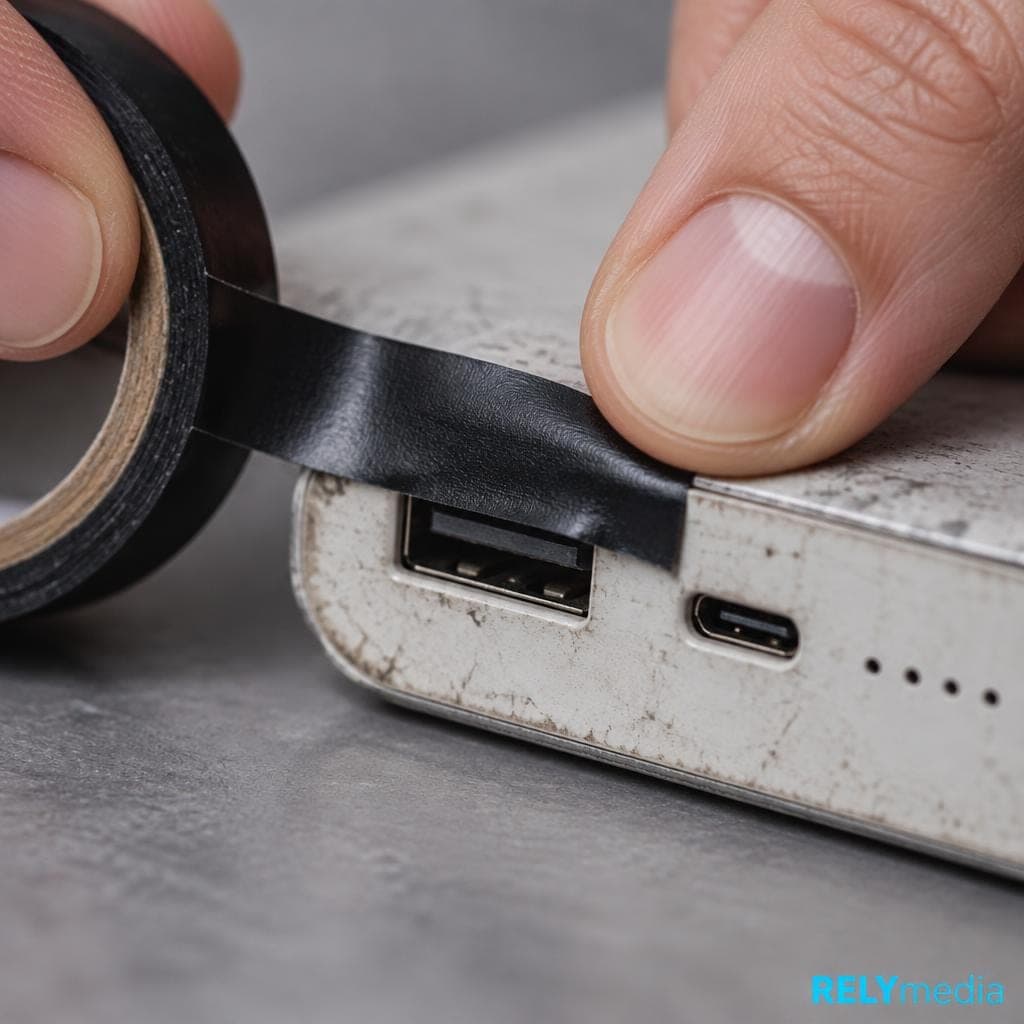 Close-up of tape being placed over a power bank port
