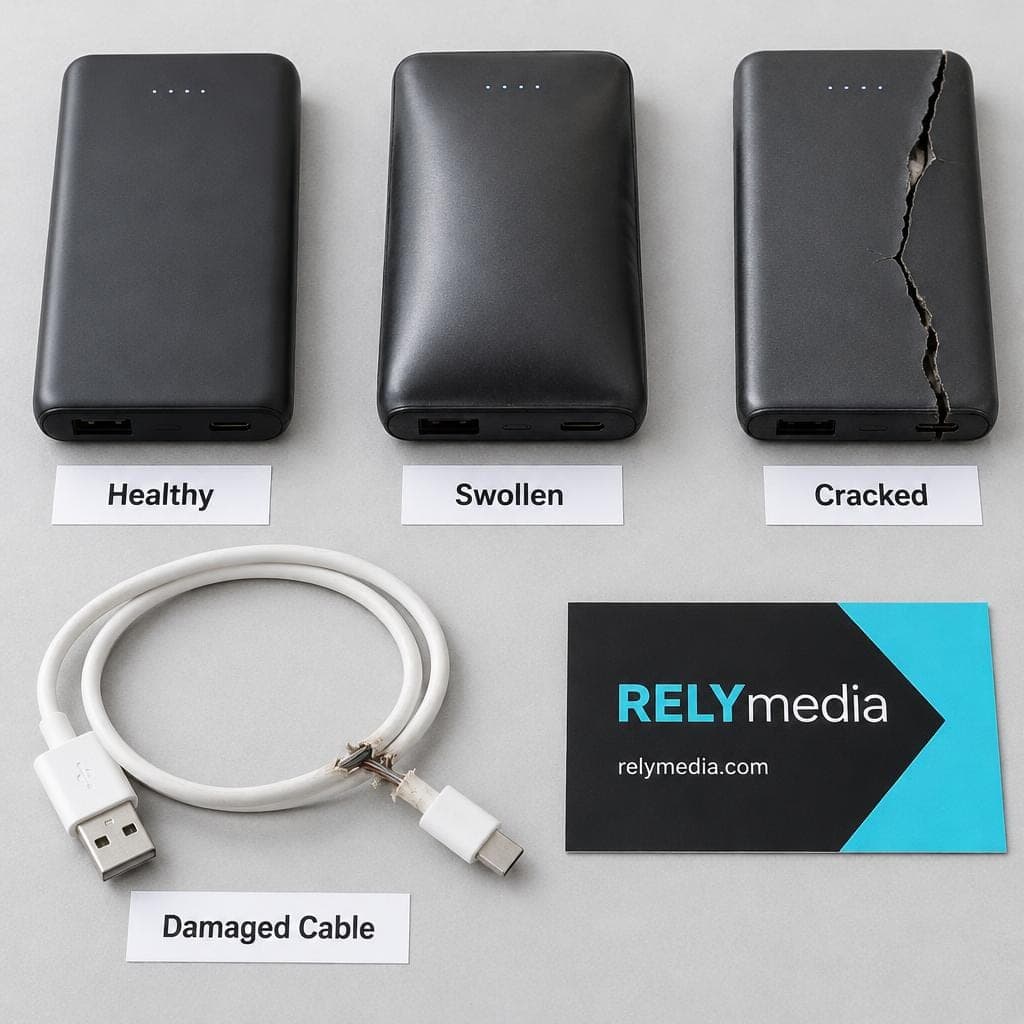 Flat lay of power banks showing signs of wear and damage