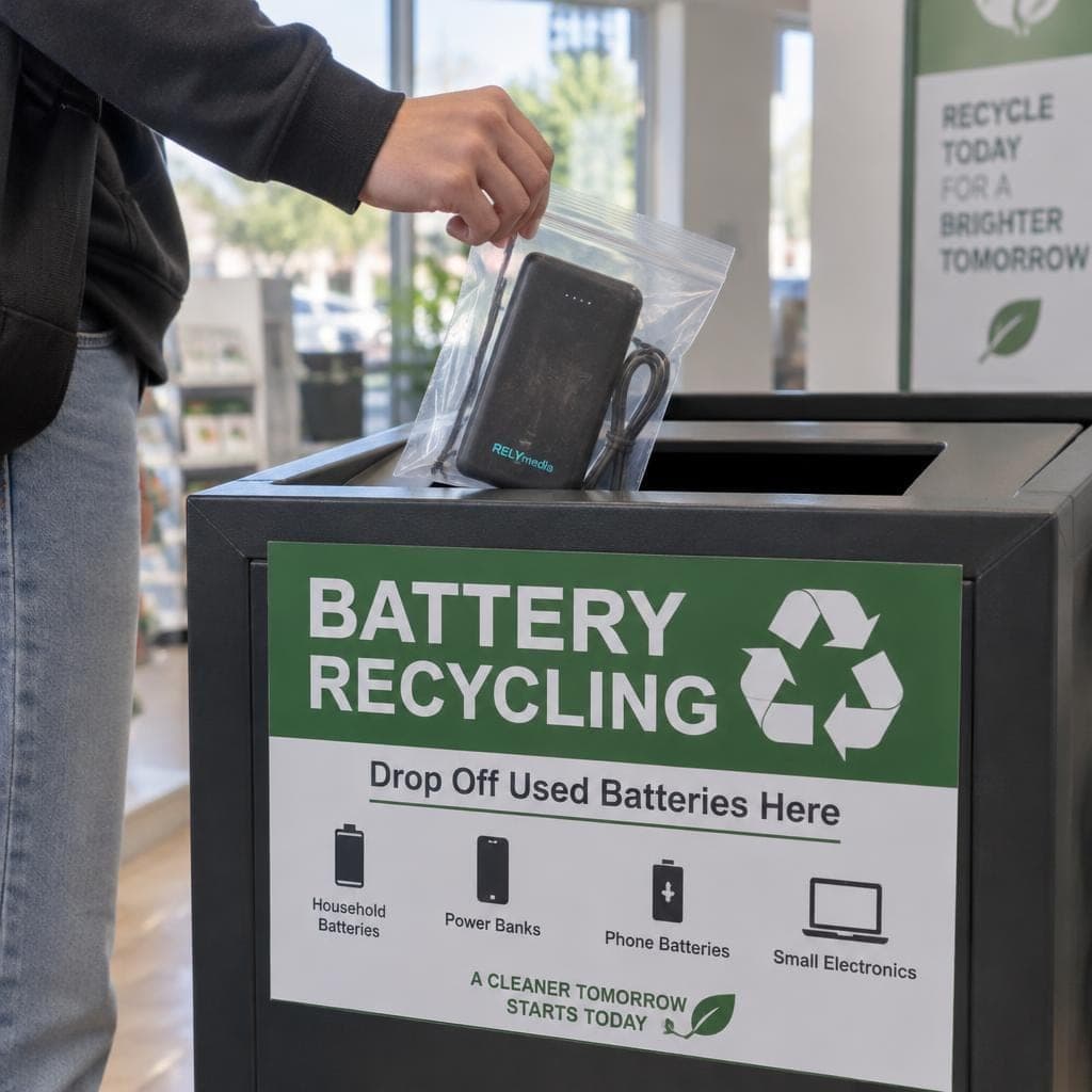 Person dropping off a power bank at a recycling point