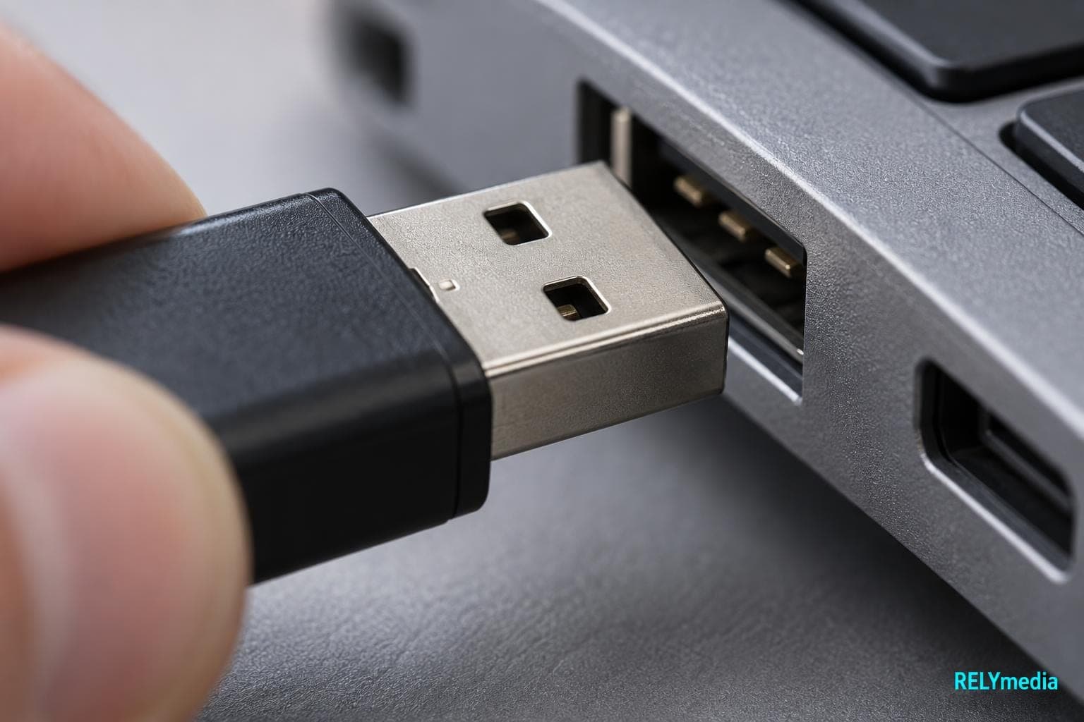 Close-up of a flash drive going into a laptop USB port