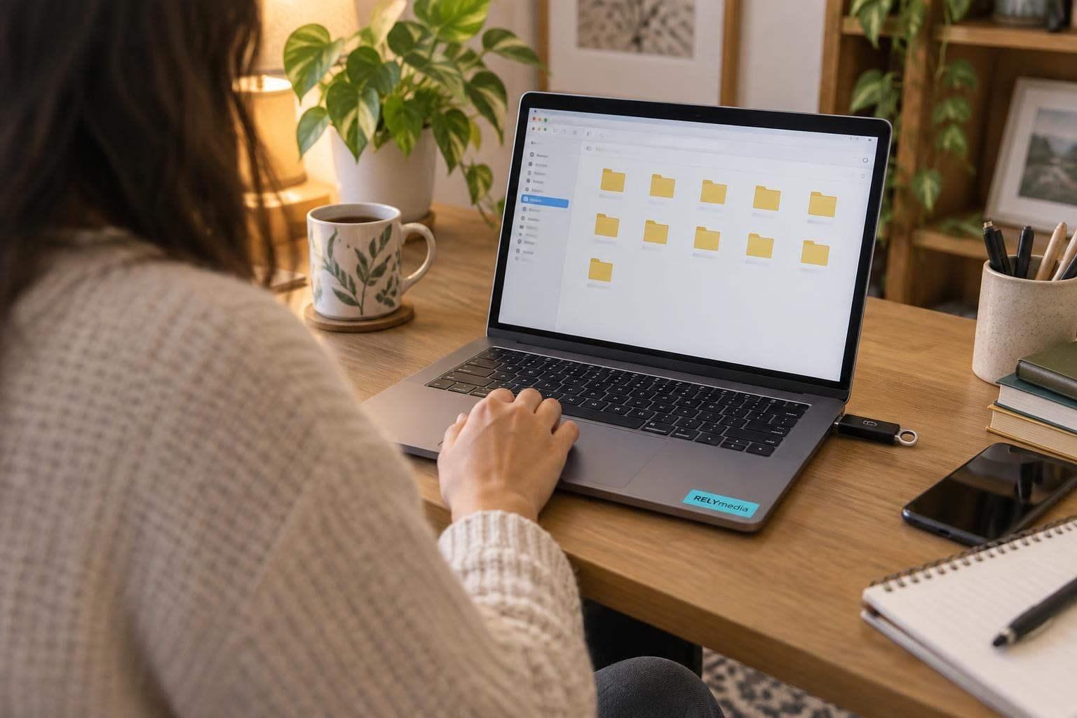 Person browsing files on a laptop