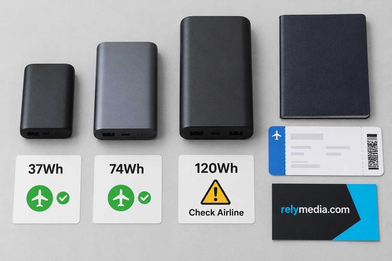 Power banks laid out next to their watt-hour ratings