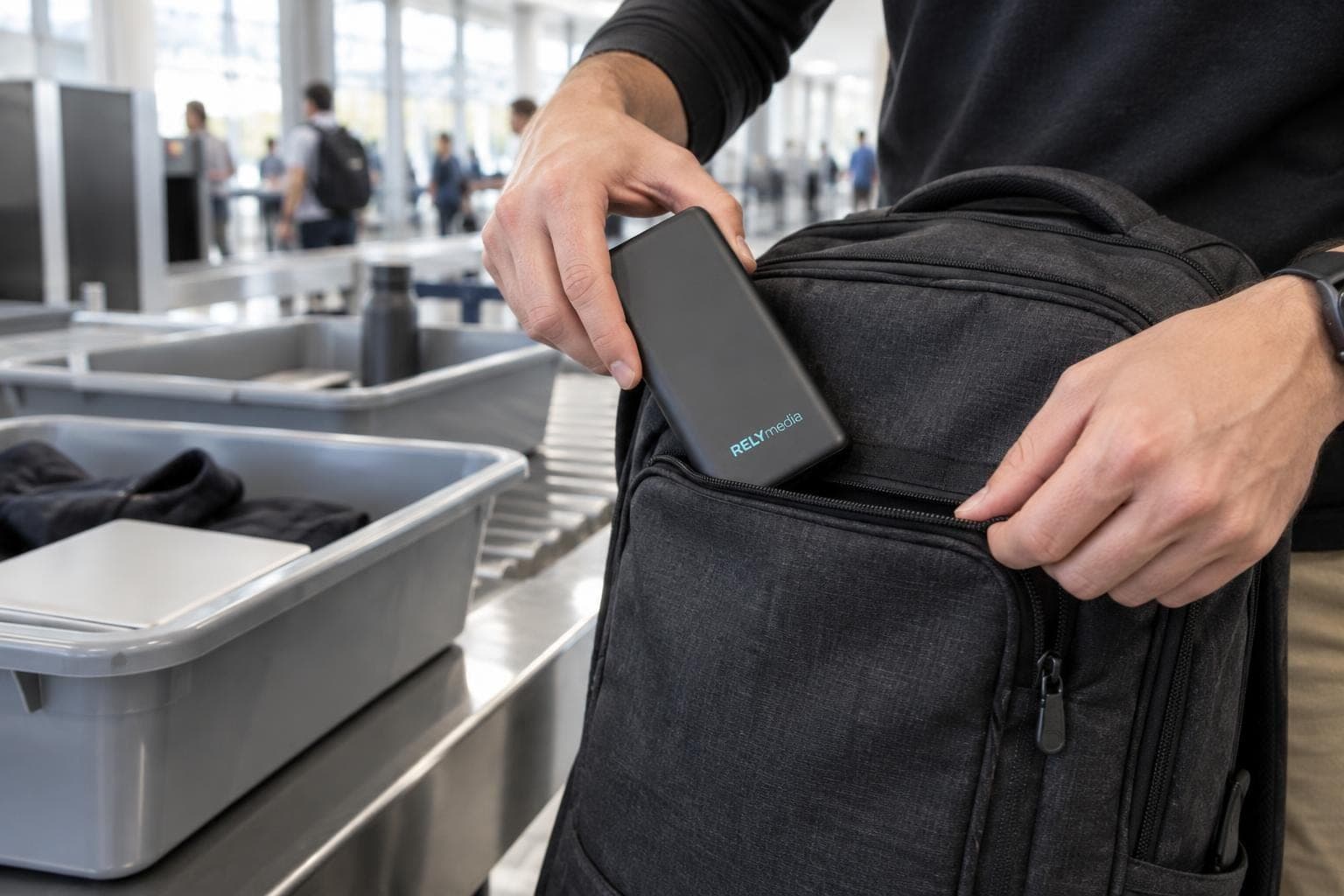 Traveler placing a power bank in a tray at airport security
