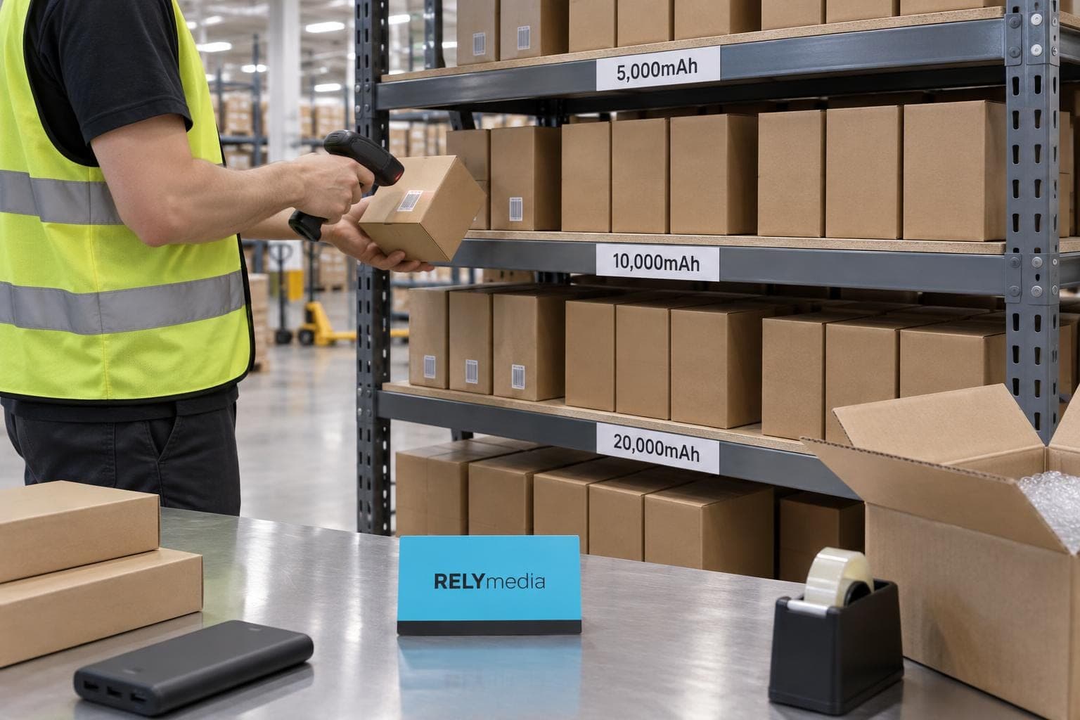 Worker scanning boxed power banks in a warehouse