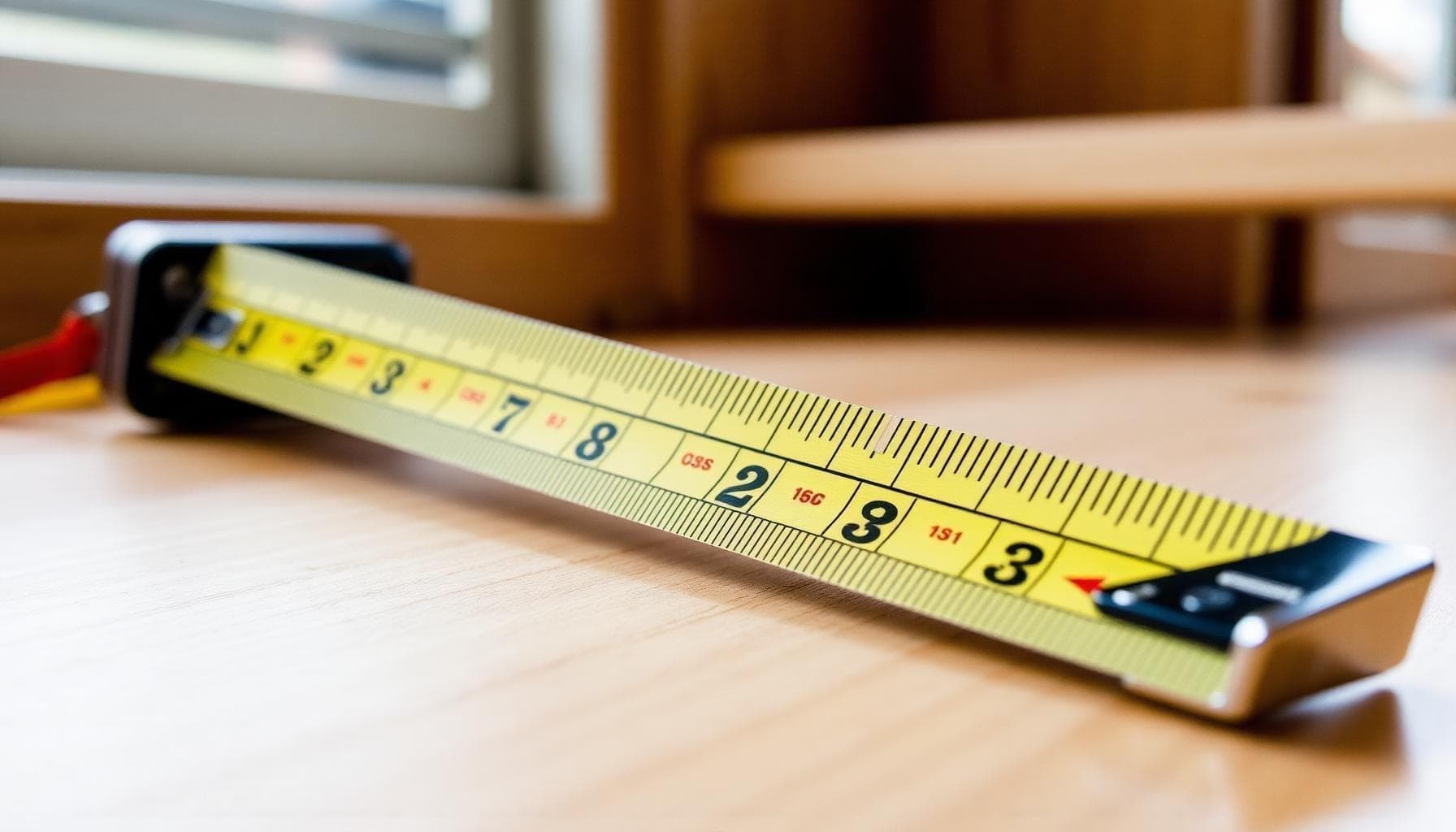 Close-up of tape measure markings, fractions, and truss marks