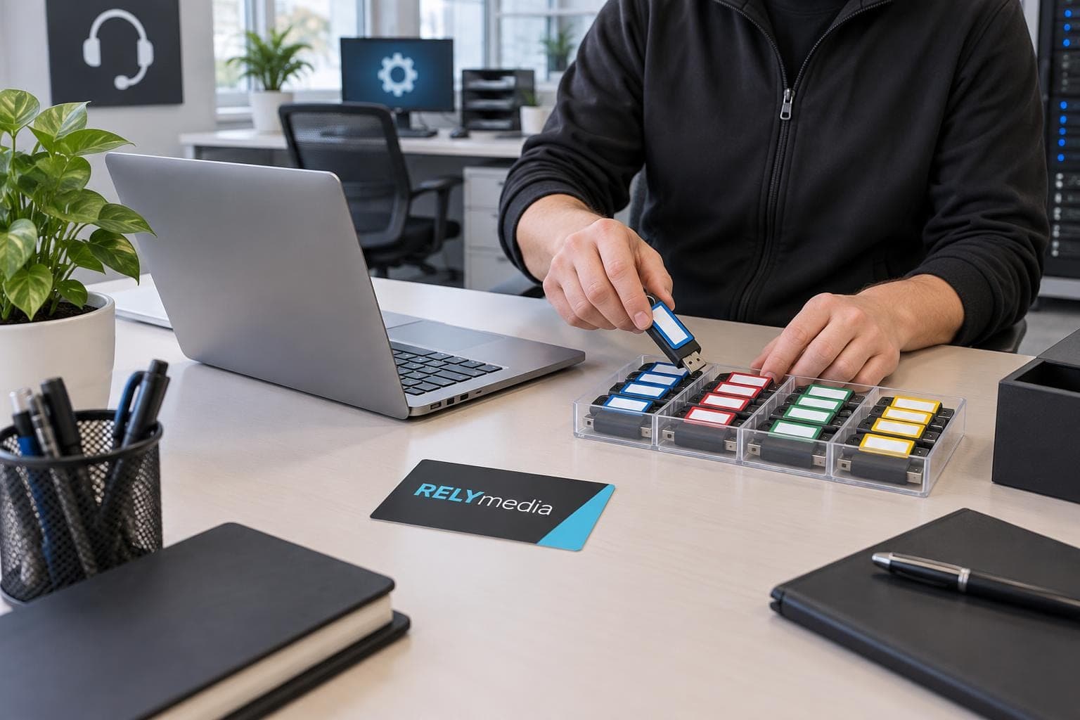 IT support technician checking a USB drive at a desk