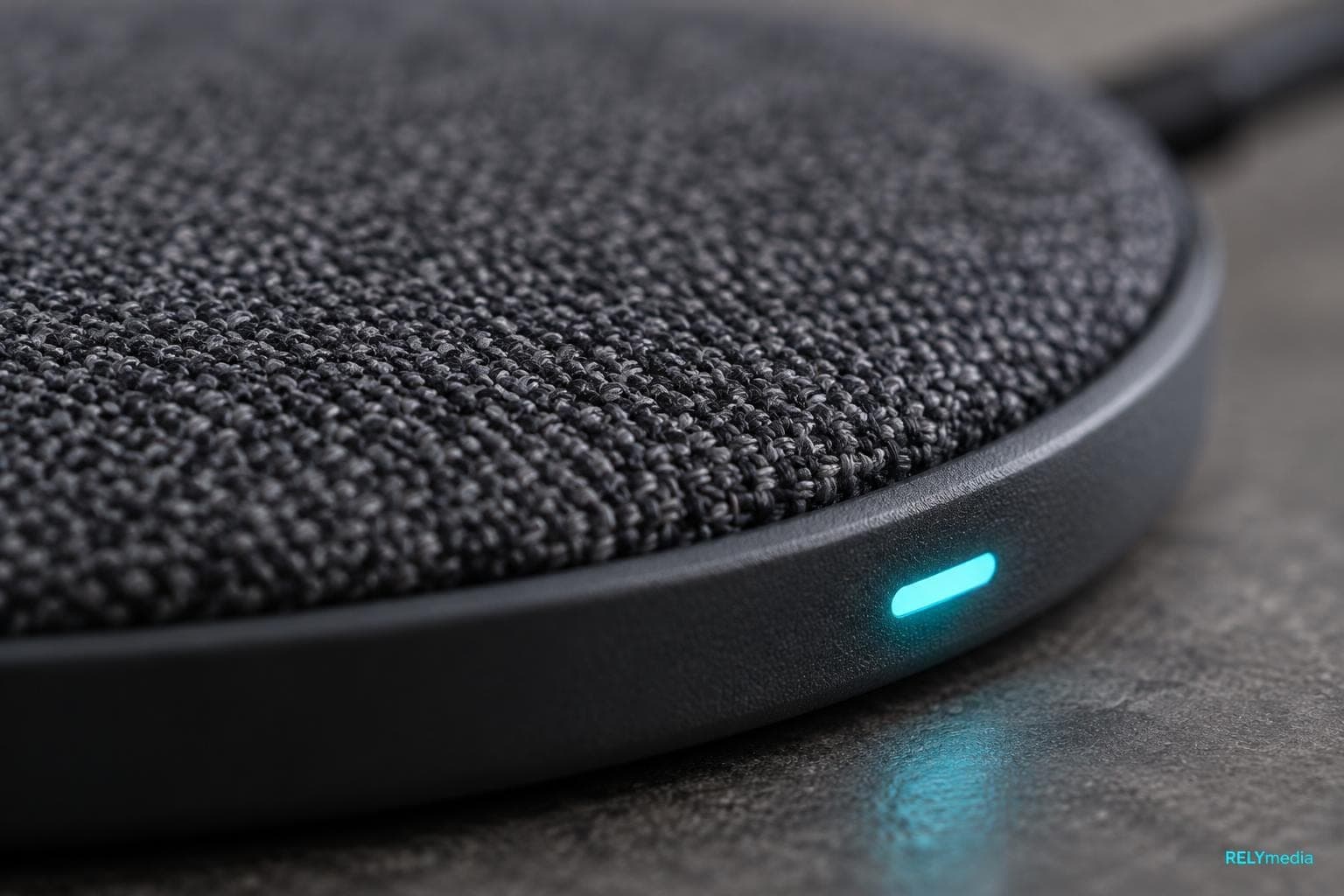 Close-up of a wireless charging pad with its LED indicator lit