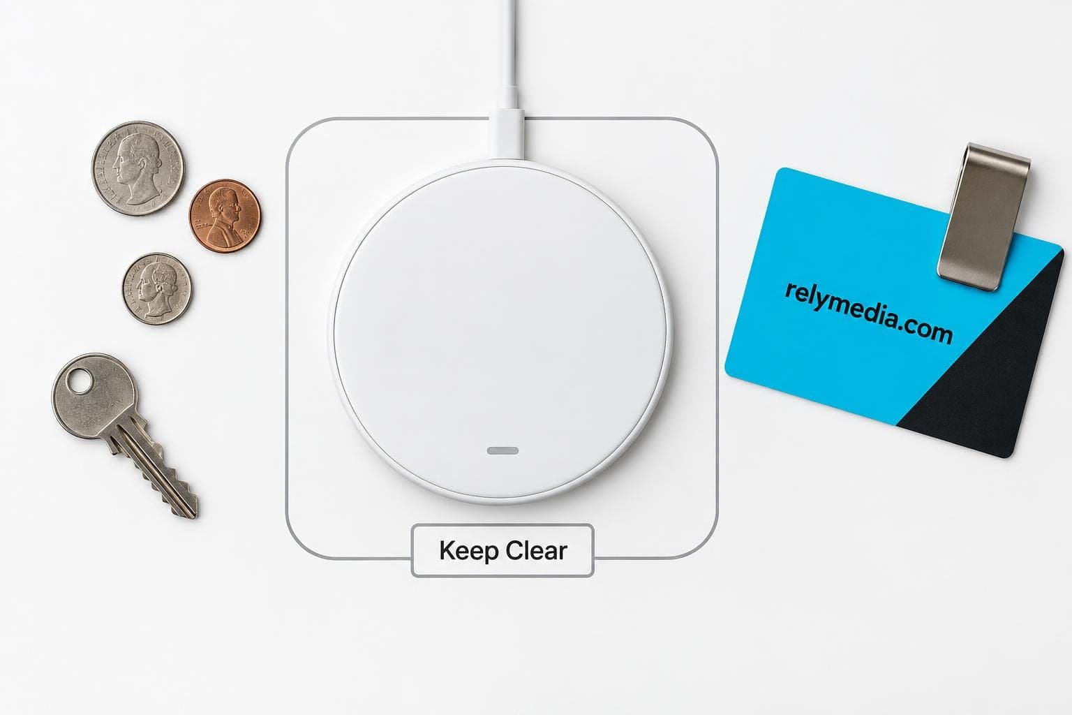 Coins, keys and cards laid out beside a wireless charging pad