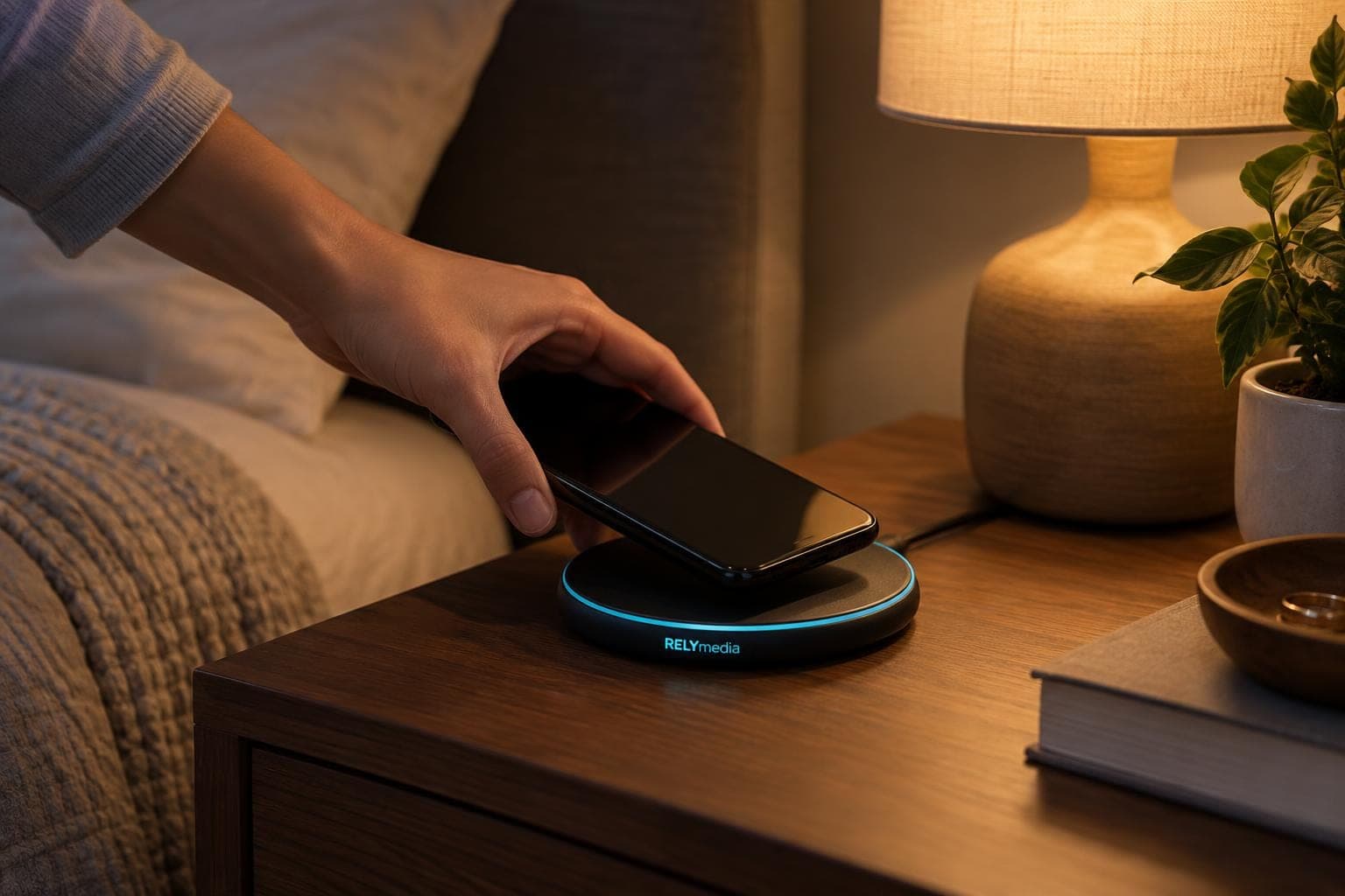 Phone charging on a wireless pad on a bedside table