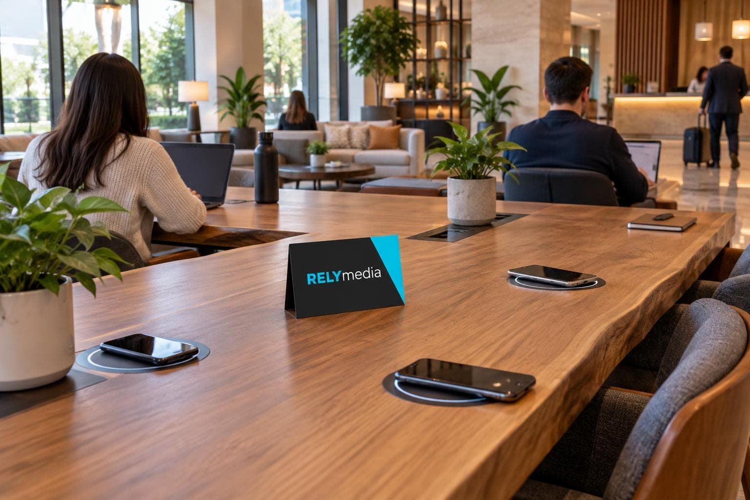 Wireless charging pads set out on a lobby table