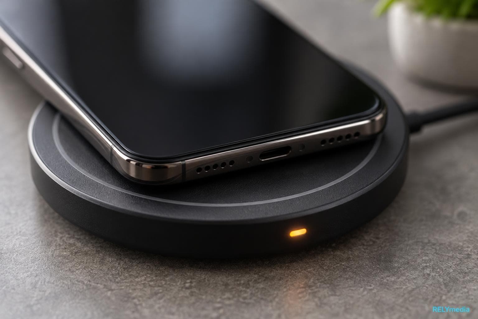Close-up of a phone sitting off-center on a charging pad