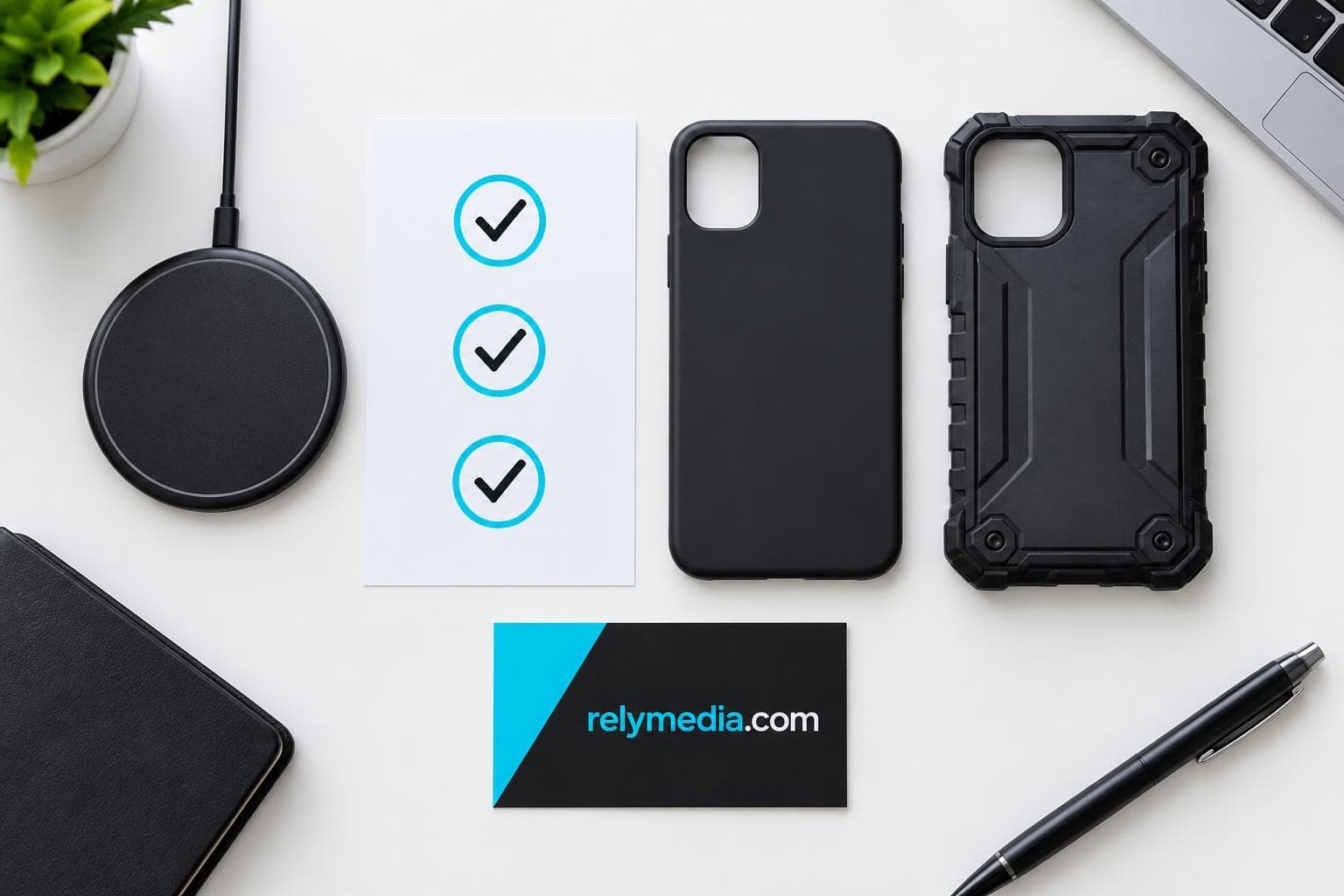 Flat lay of a wireless charger beside a safety checklist