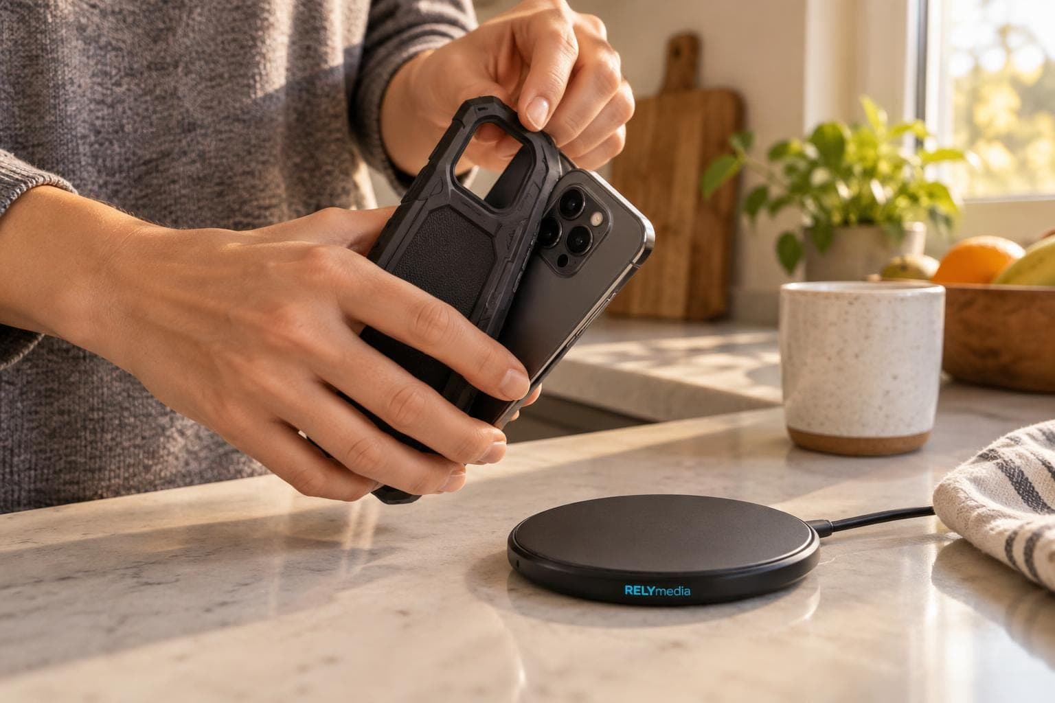 Person removing a thick case from a phone before charging