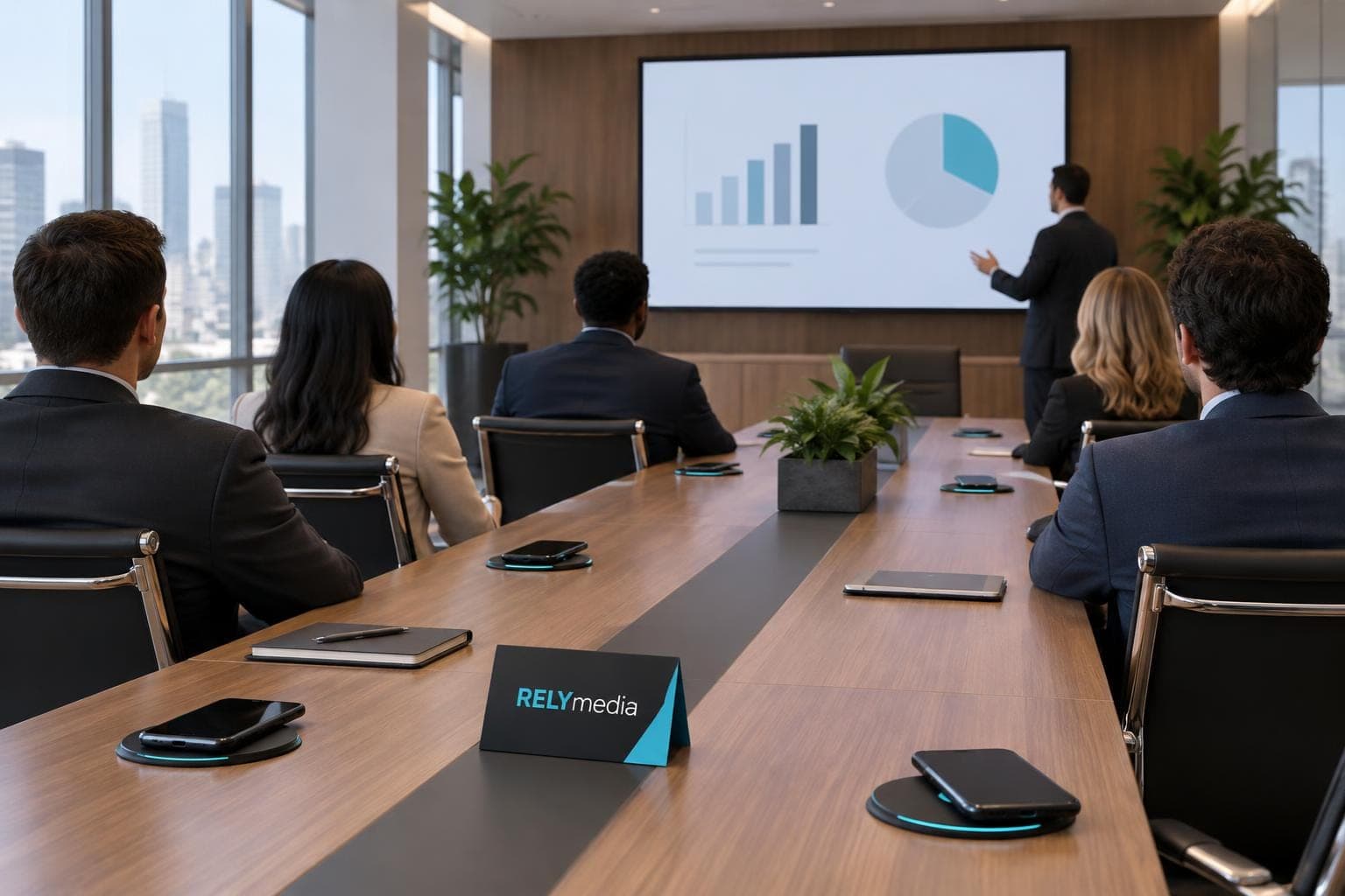 Phones charging on wireless pads on a conference room table
