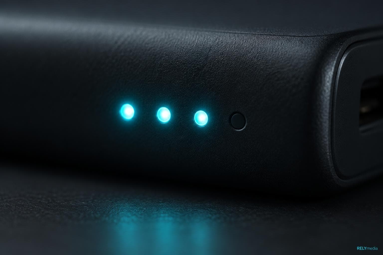 Close-up of a power bank's LED battery indicator lights
