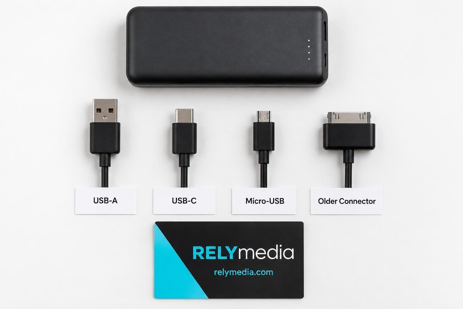 Flat lay of charging cables with different USB connectors