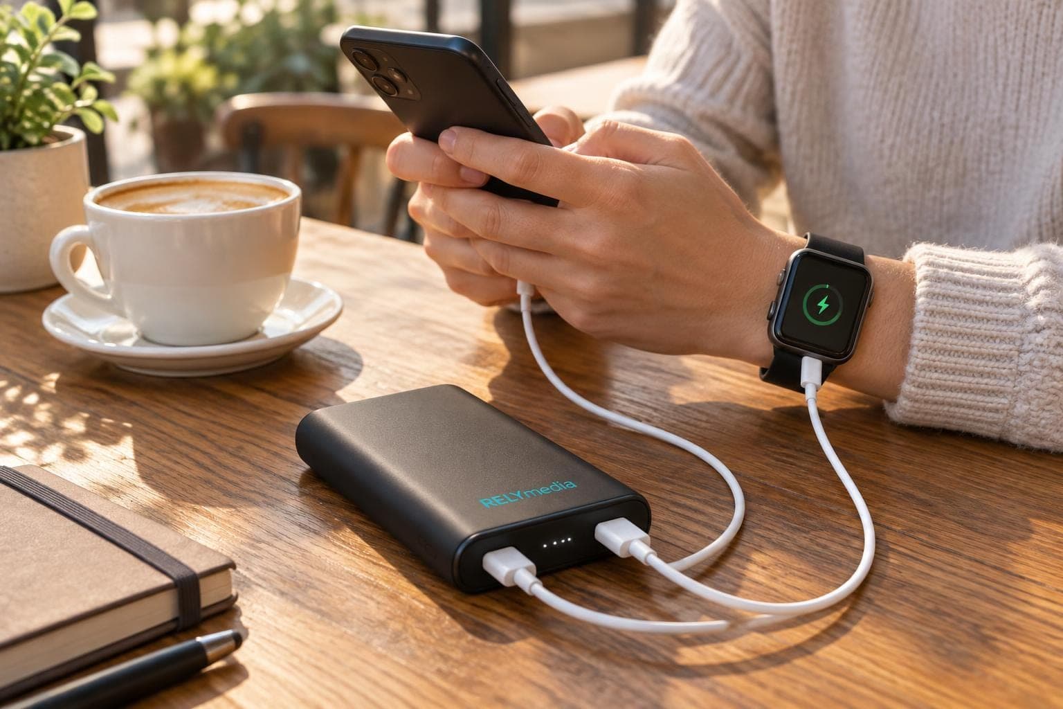 Power bank charging two devices on a cafe table