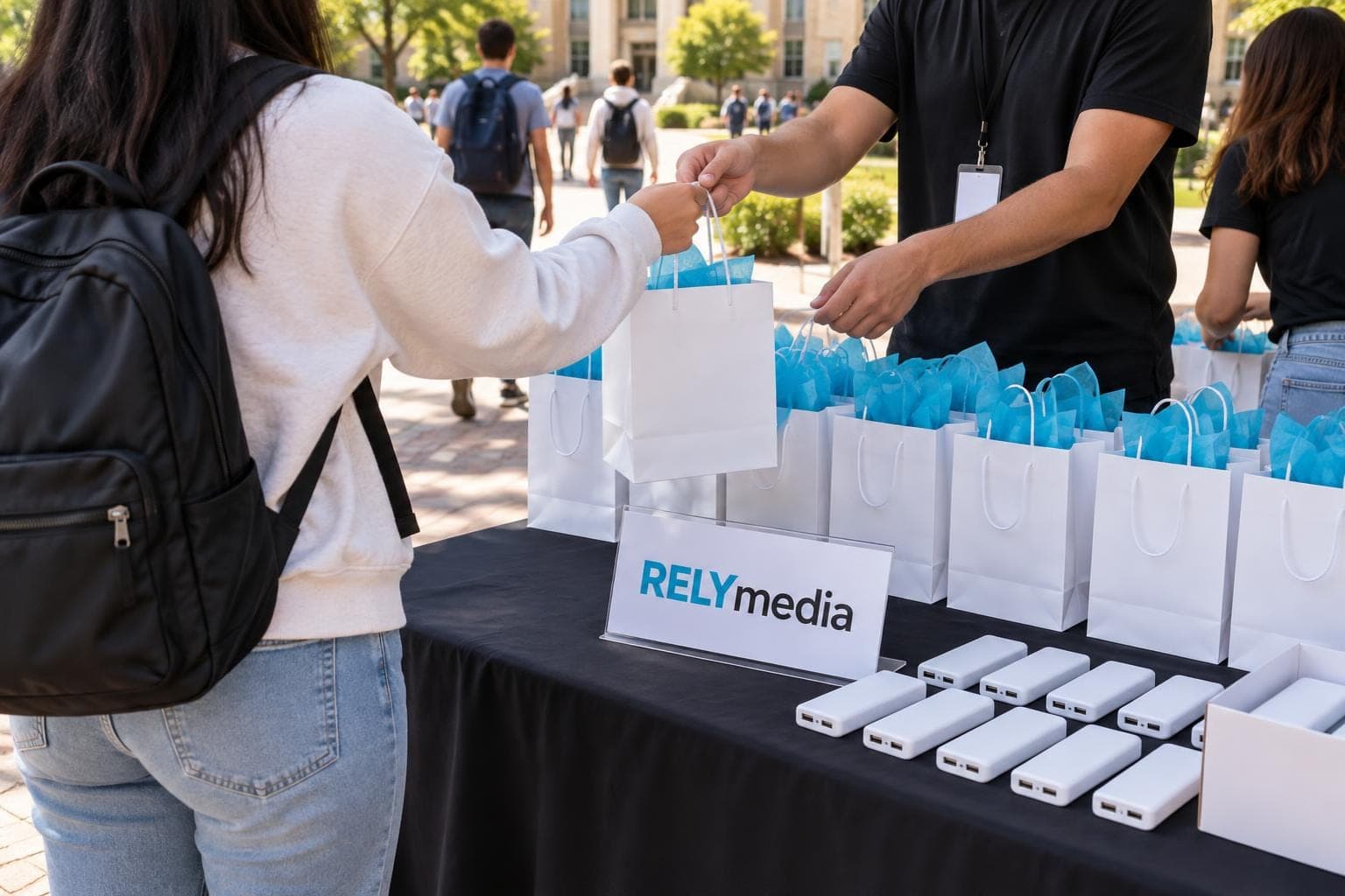 Power banks laid out on an orientation welcome table