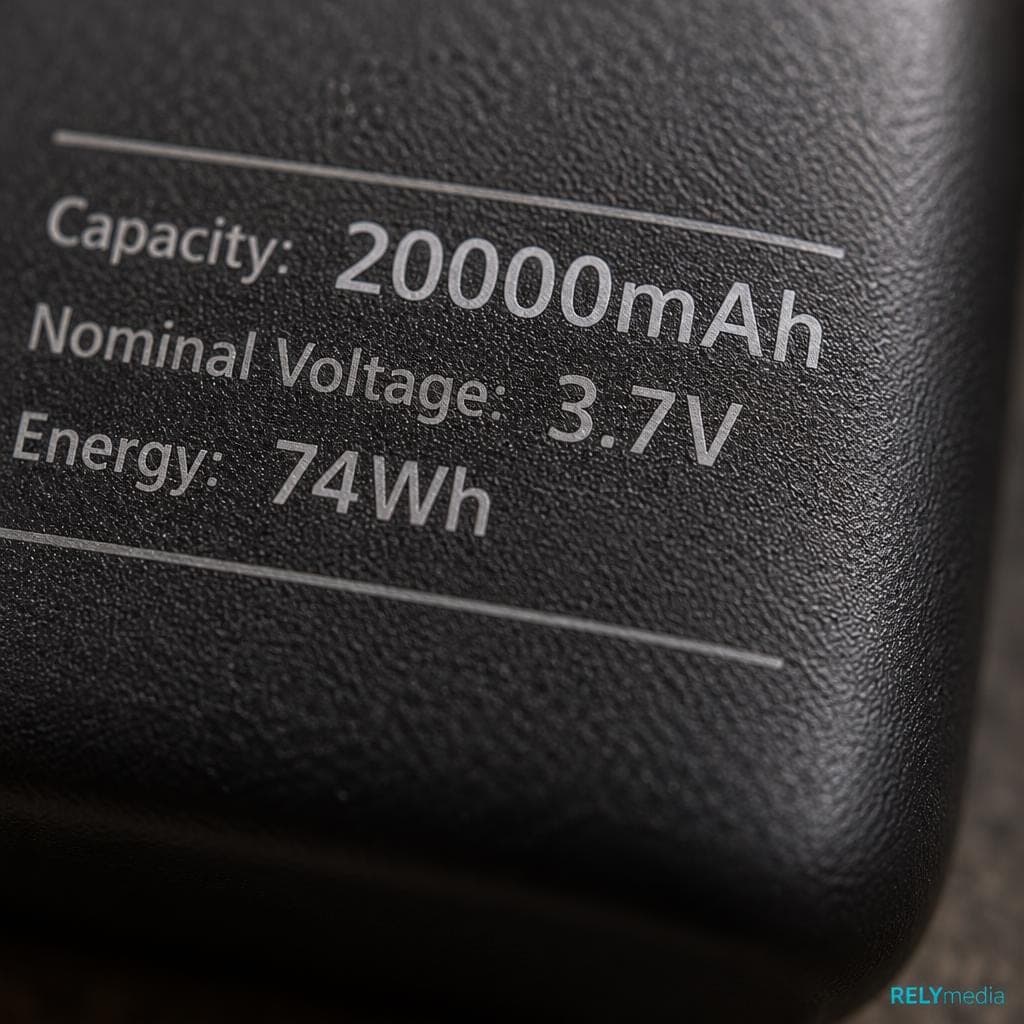 Close-up of a watt-hour rating label on a power bank