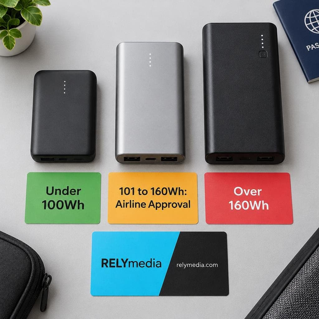 Flat lay of power banks grouped by watt-hour rating