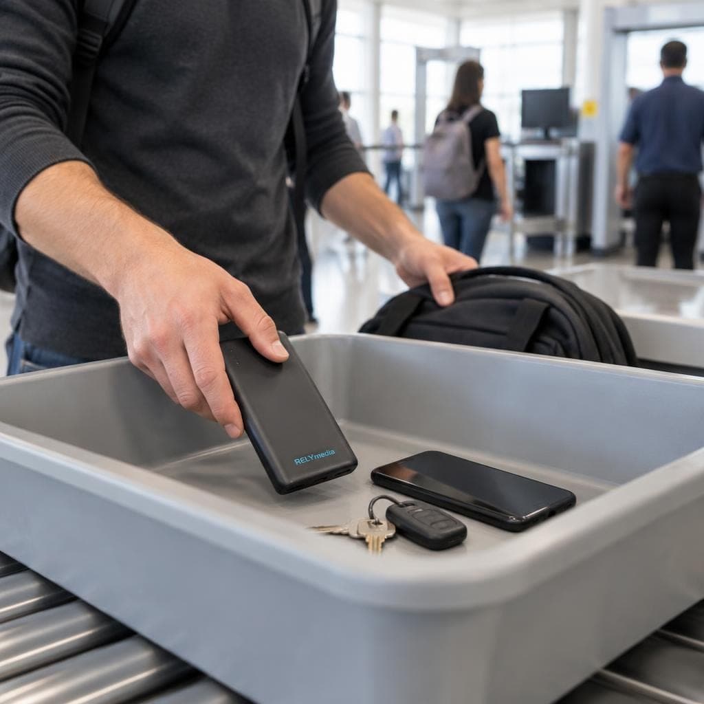 Power bank in an airport security screening bin